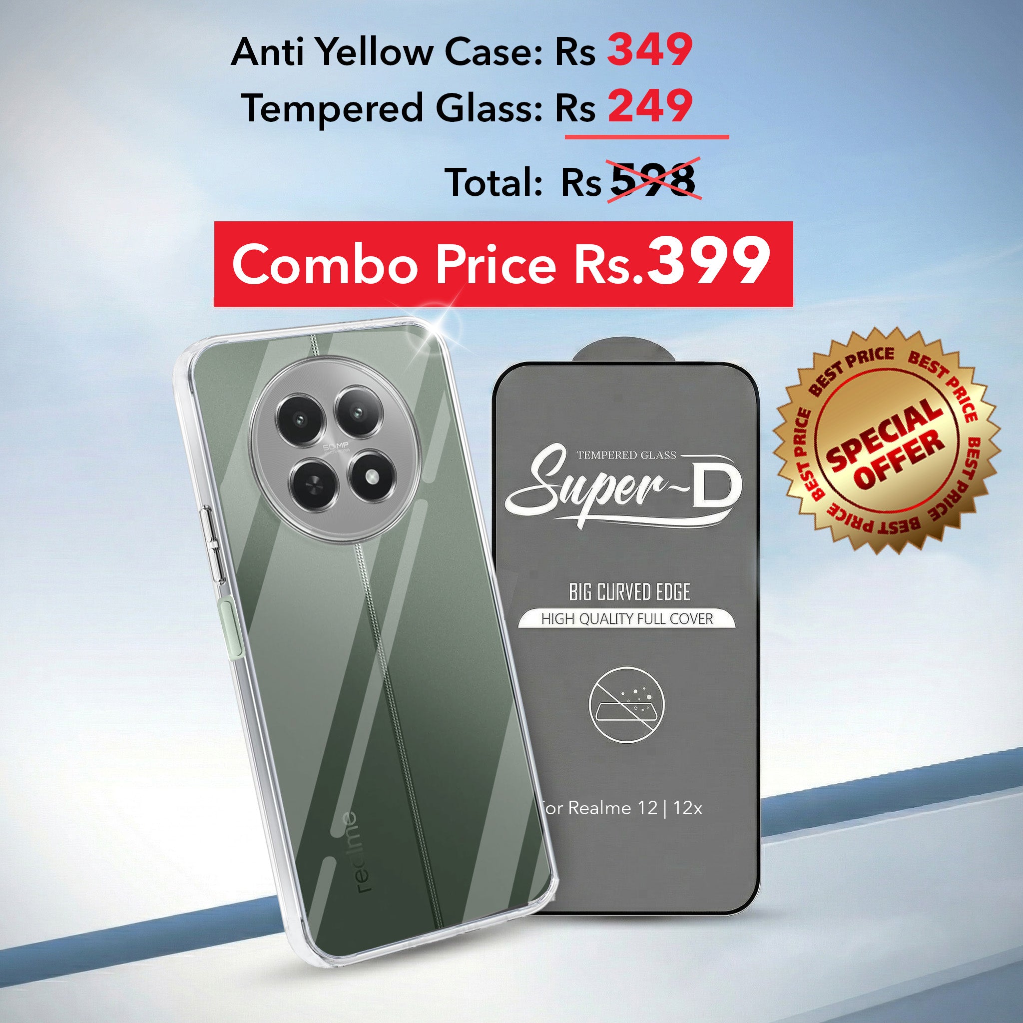 For Realme 12 | Realme 12X Combo with Back Cover and 9H Tempered Glass (Lifetime Anti-Yellow | Sleek Hard Crystal | Oleophobic Coating Screen Glass)