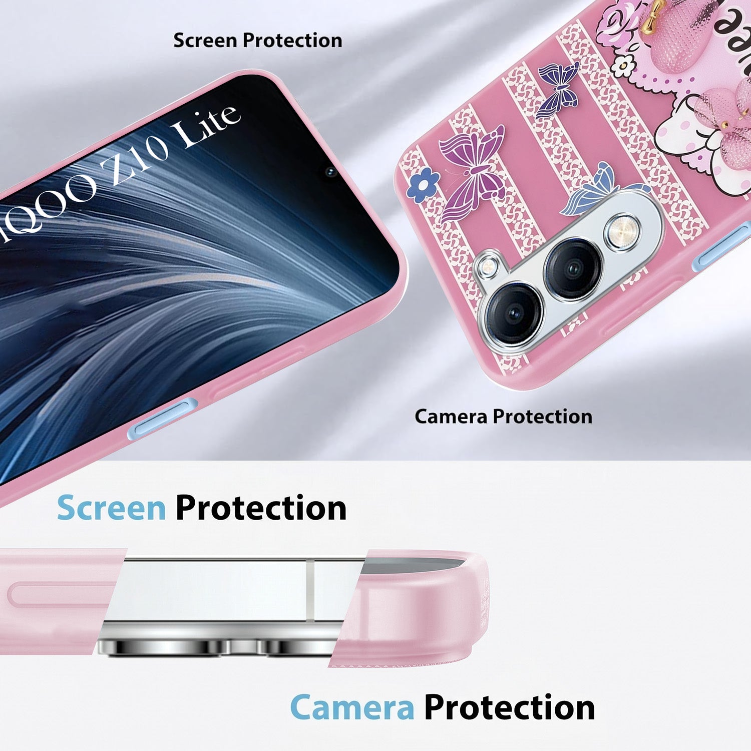 For Vivo iQOO Z10 Lite Back Cover Case (3D Cute Heart Strap Holder | Camera Protection | Designer Girls Print)