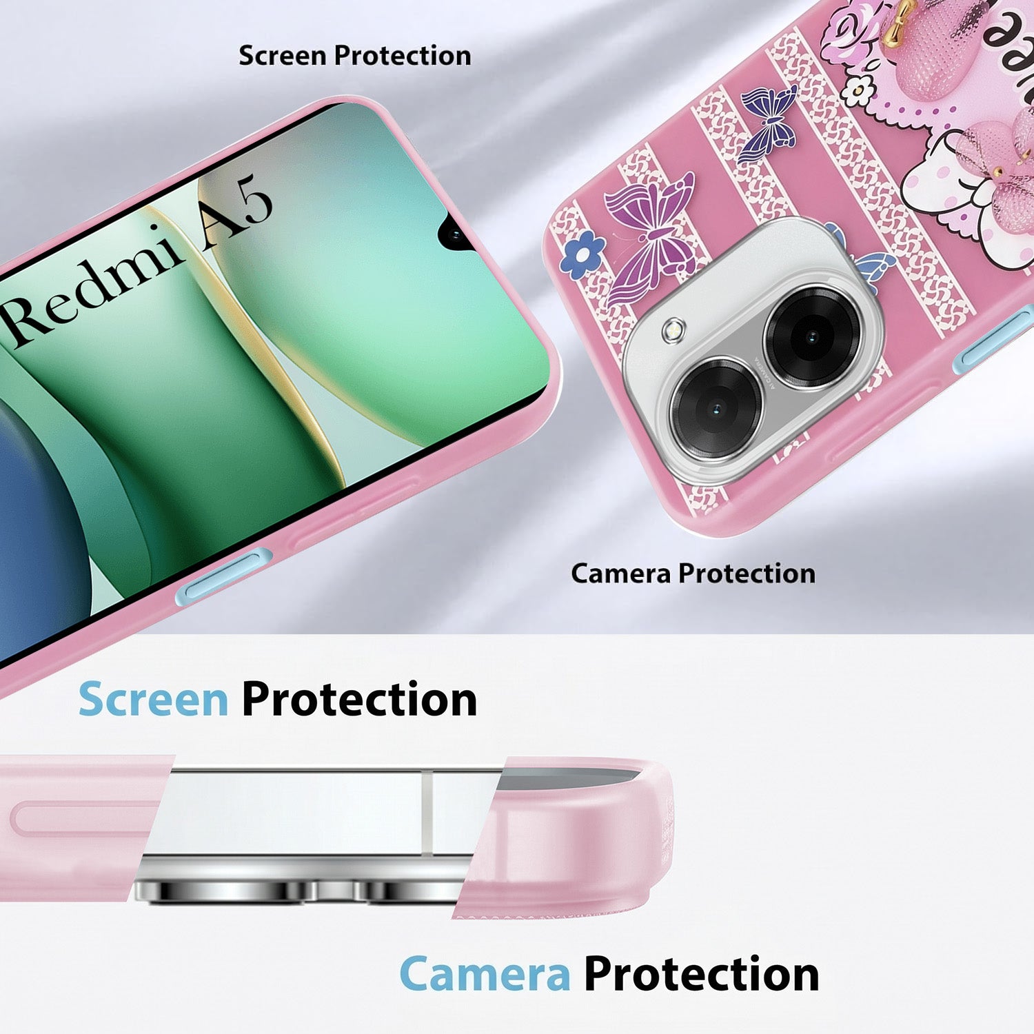 For Redmi A5 4G Back Cover Case (3D Cute Heart Strap Holder | Camera Protection | Designer Girls Print)