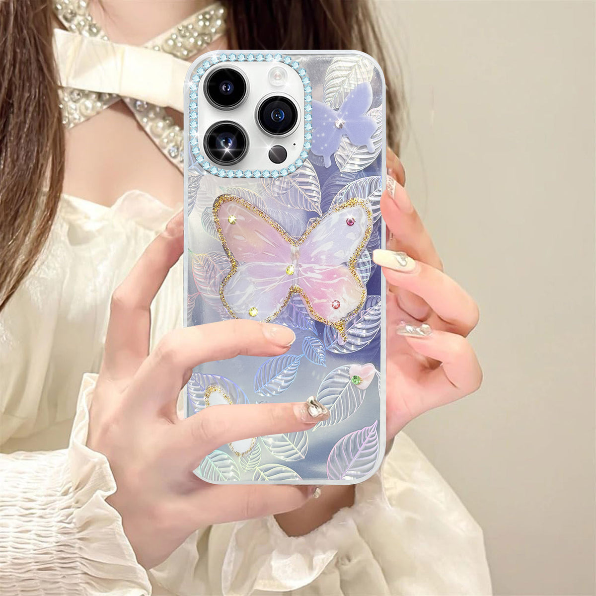 For Apple iPhone 14 Pro Back Cover Case (Luxury Floral Glitter Cute Butterfly | Diamond Studded Camera Bump | Girls & Women Design)