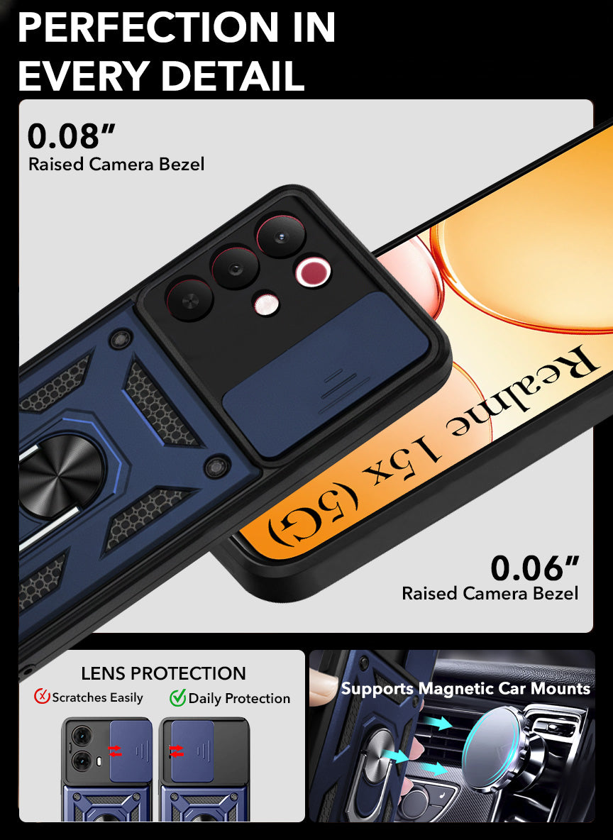 For Realme 15X Back Cover Case Hybrid Armor (Sliding Shutter Camera Protection | Polycarbonate |Ring Holder Kickstand)