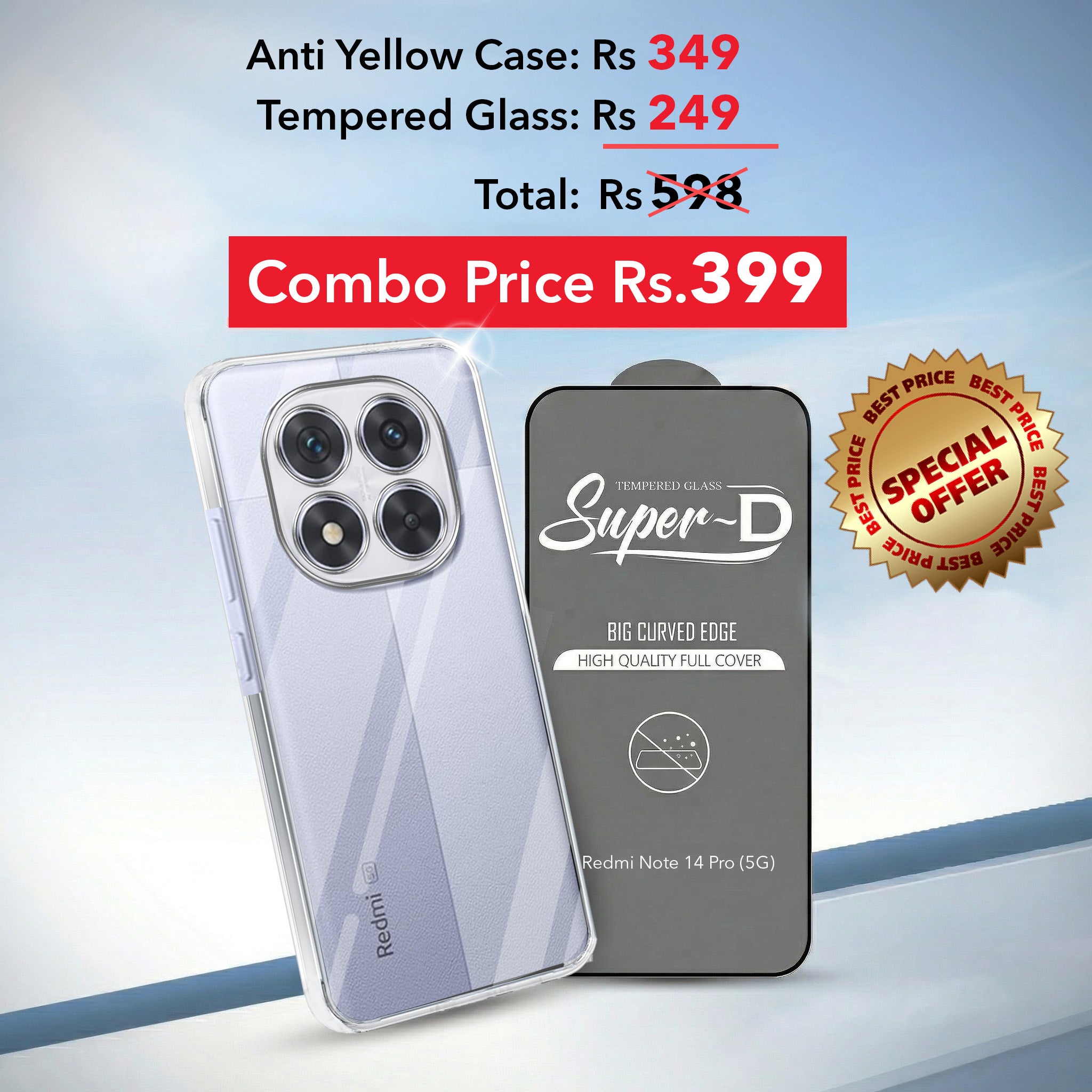 For Redmi Note 14 Pro Combo with Back Cover and 9H Tempered Glass (Lifetime Anti-Yellow | Sleek Hard Crystal | Oleophobic Coating Screen Glass)