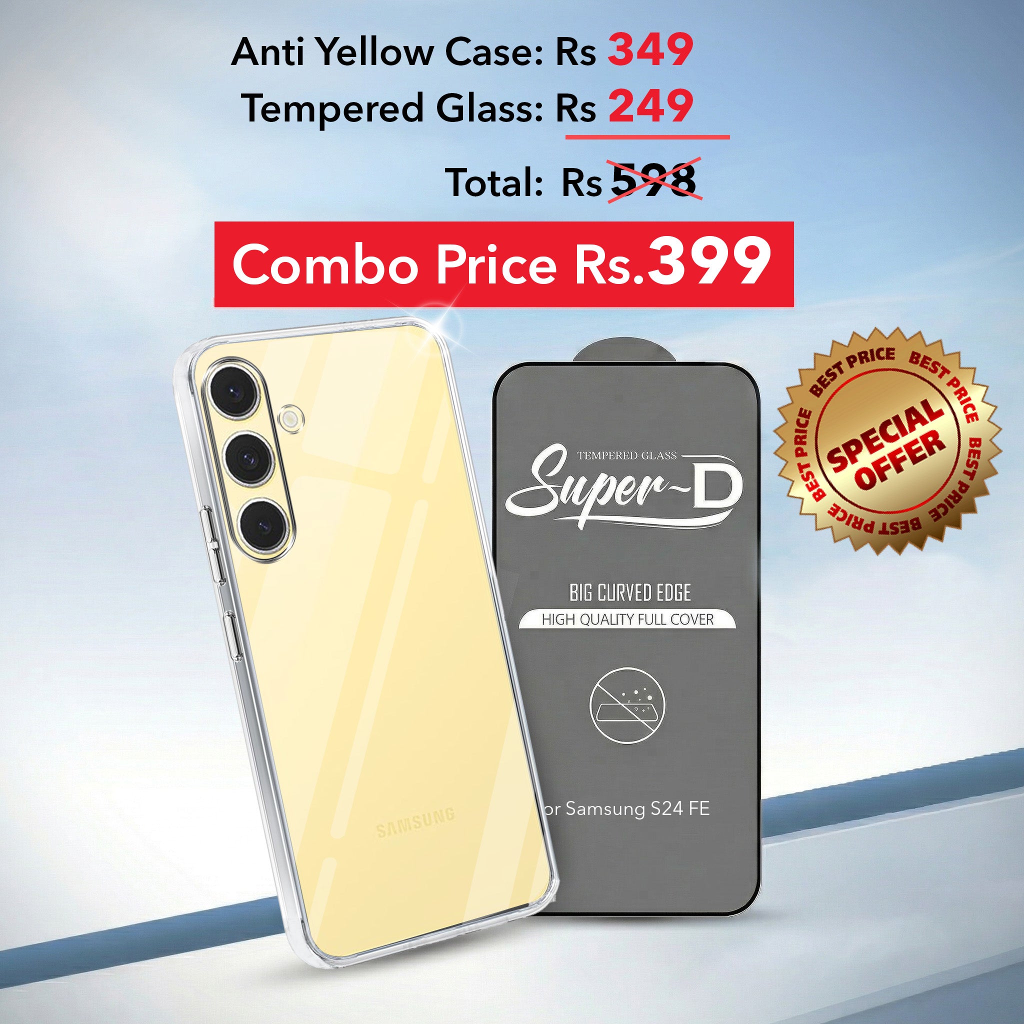 For Samsung Galaxy S24 FE Combo with Back Cover and 9H Tempered Glass (Lifetime Anti-Yellow | Sleek Hard Crystal | Oleophobic Coating Screen Glass)