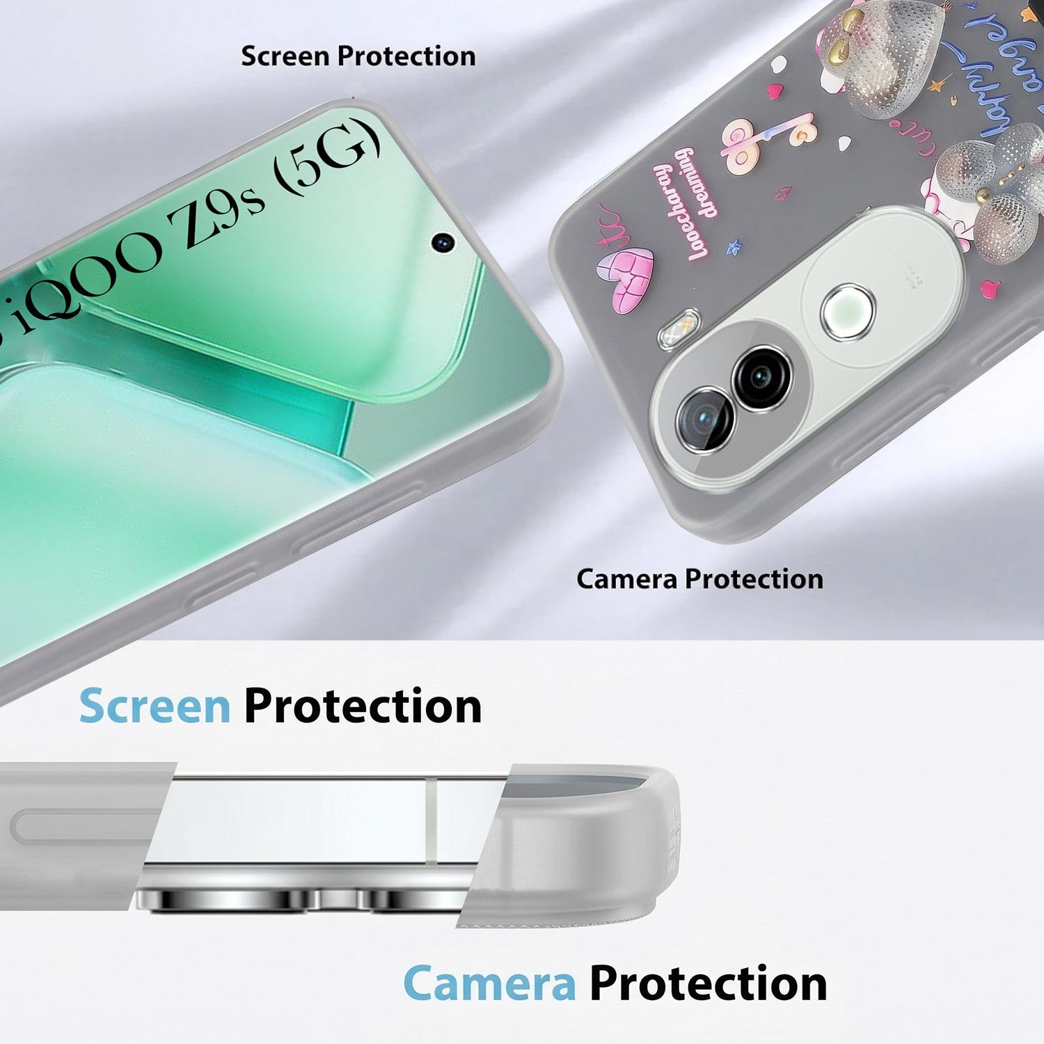 For Vivo iQOO Z9s Back Cover Case (3D Cute Heart Strap Holder | Camera Protection | Designer Girls Print)