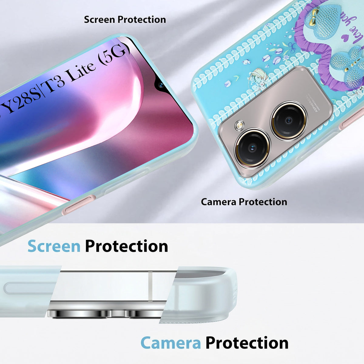 For Vivo Y28s 5G | Vivo T3 Lite 5G Back Cover Case (3D Cute Heart Strap Holder | Camera Protection | Designer Girls Print)