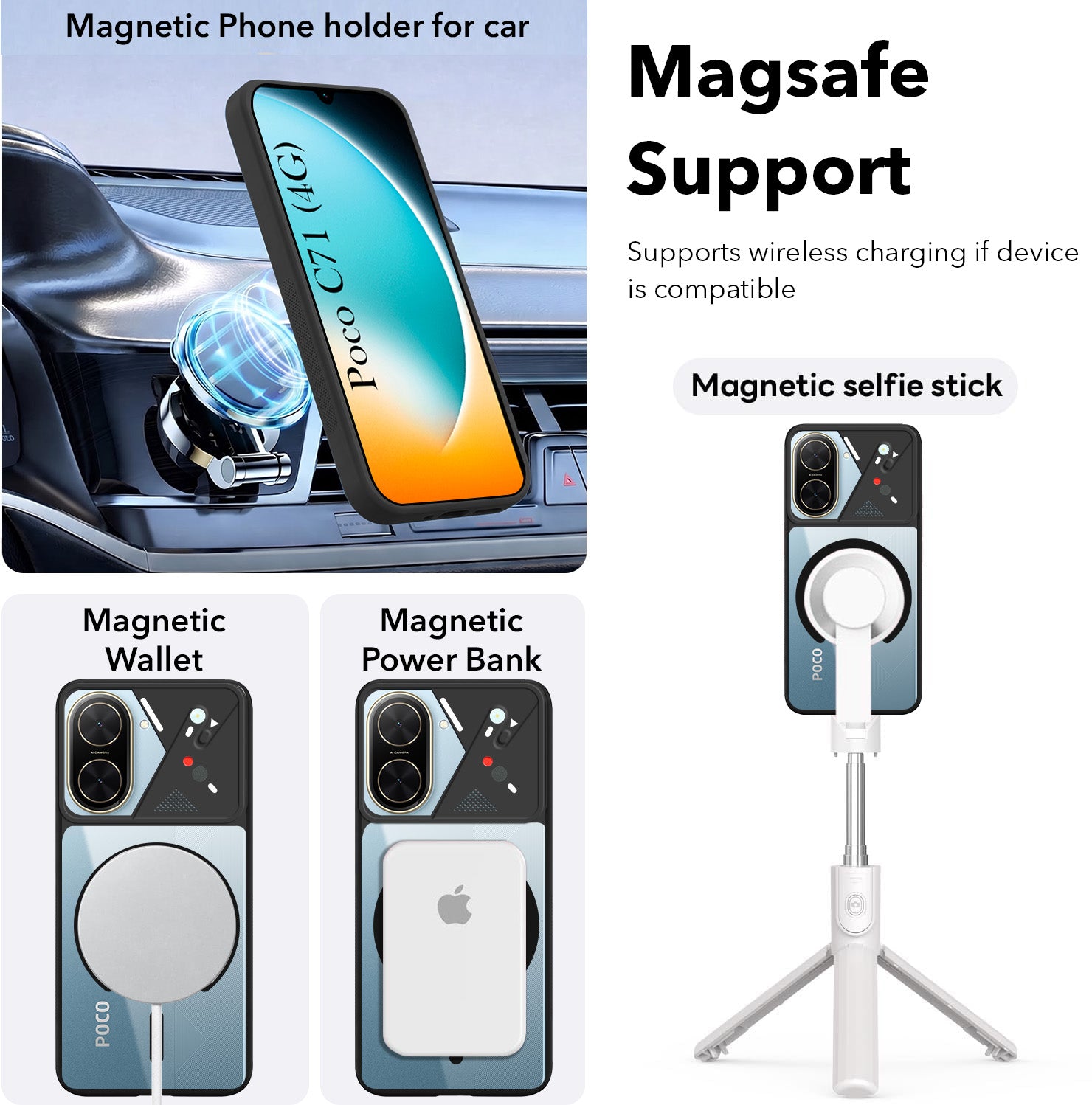 For Poco C71 Back Cover Case Lifetime Anti-Yellow Clear (Camera Protection | Side Grip | Wireless MagSafe Compatible)