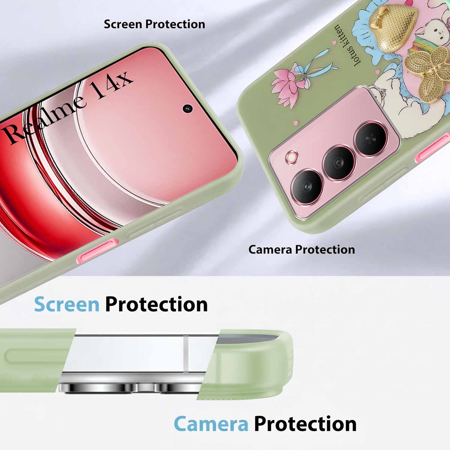 For Realme 14X Back Cover Case (3D Cute Heart Strap Holder | Camera Protection | Designer Girls Print)