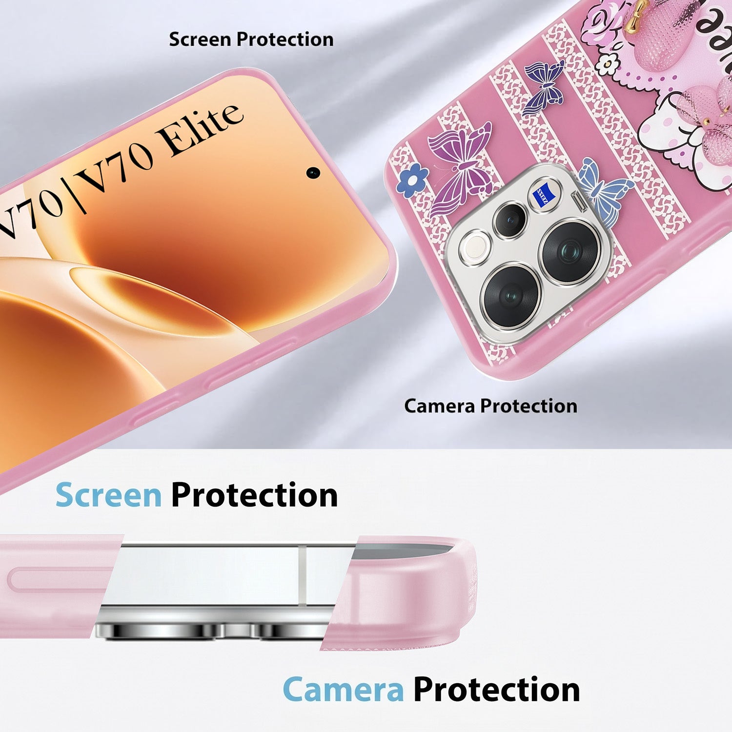 For Vivo V70 | Vivo V70 Elite 5G Back Cover Case (3D Cute Heart Strap Holder | Camera Protection | Designer Girls Print)