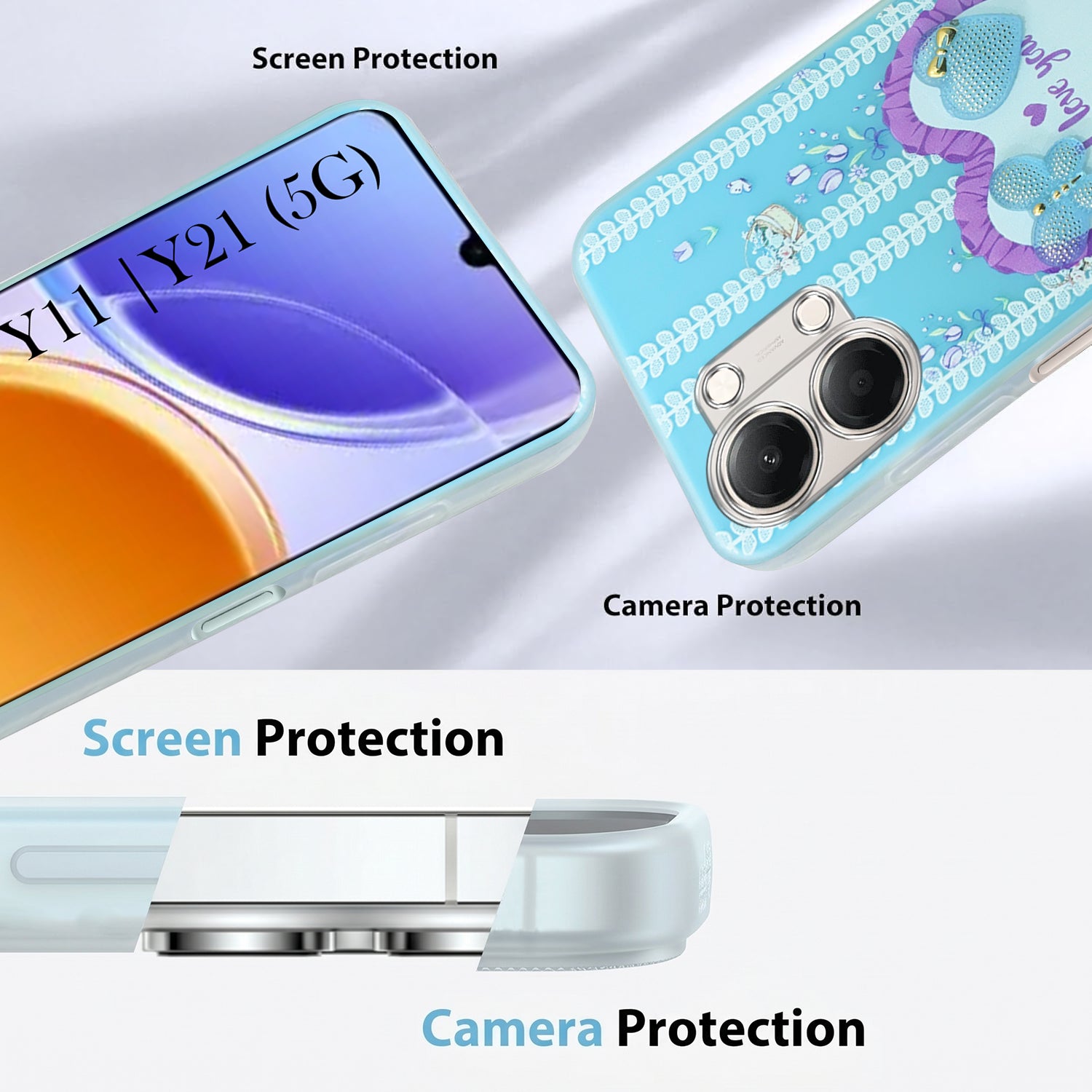 For Vivo Y11 | Vivo Y21 5G Back Cover Case (3D Cute Heart Strap Holder | Camera Protection | Designer Girls Print)