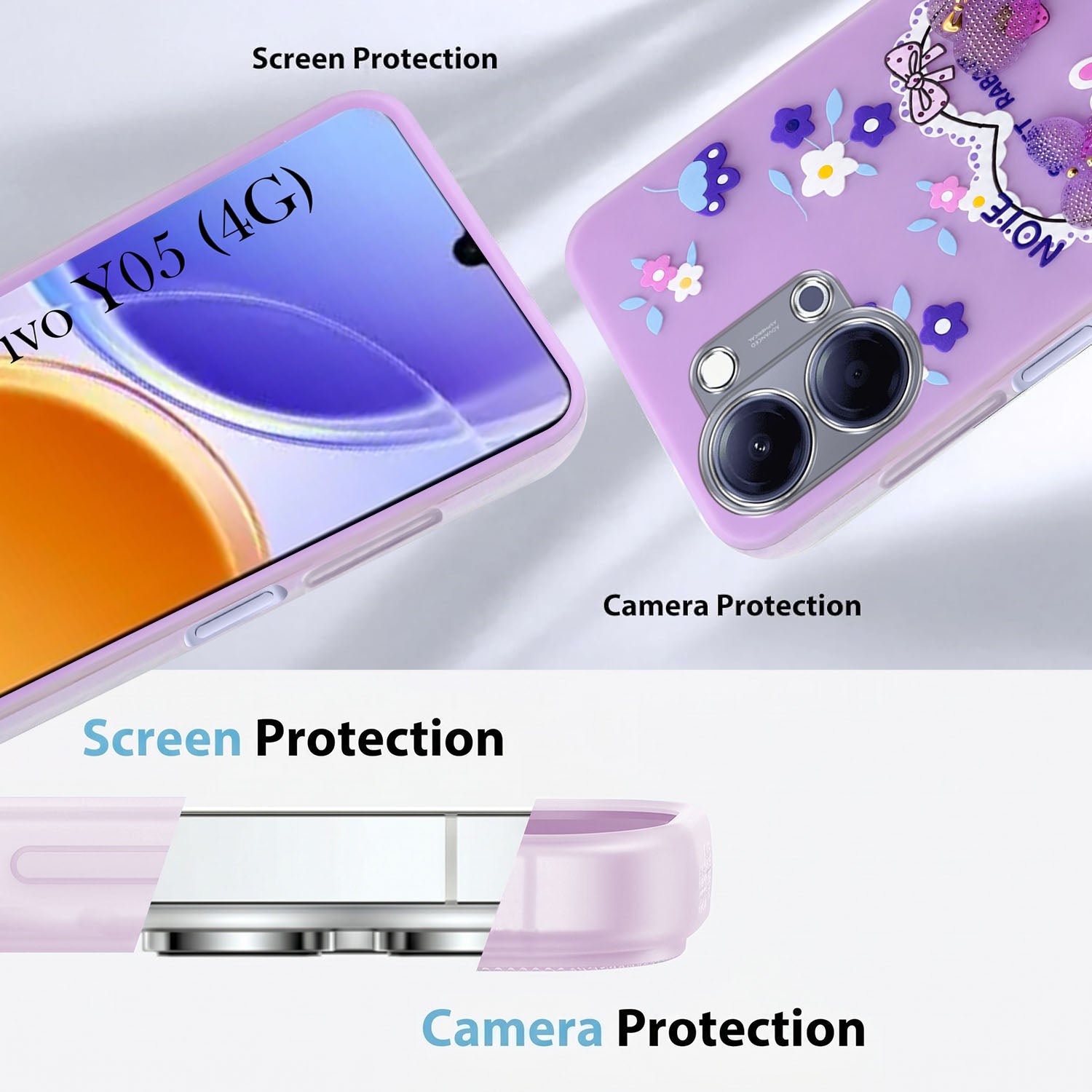 For Vivo Y05 4G Back Cover Case (3D Cute Heart Strap Holder | Camera Protection | Designer Girls Print)
