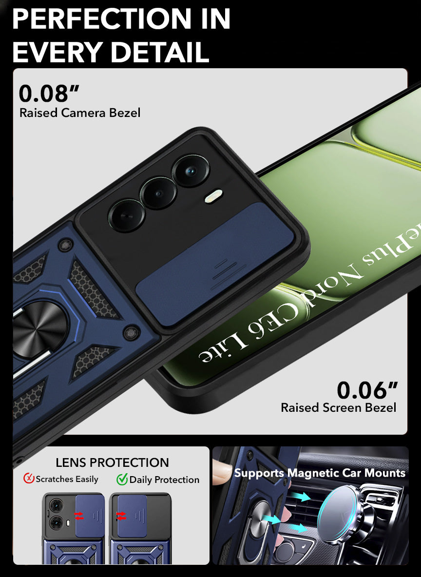 For OnePlus Nord CE 6 Lite Back Cover Case Hybrid Armor (Sliding Shutter Camera Protection | Polycarbonate |Ring Holder Kickstand)