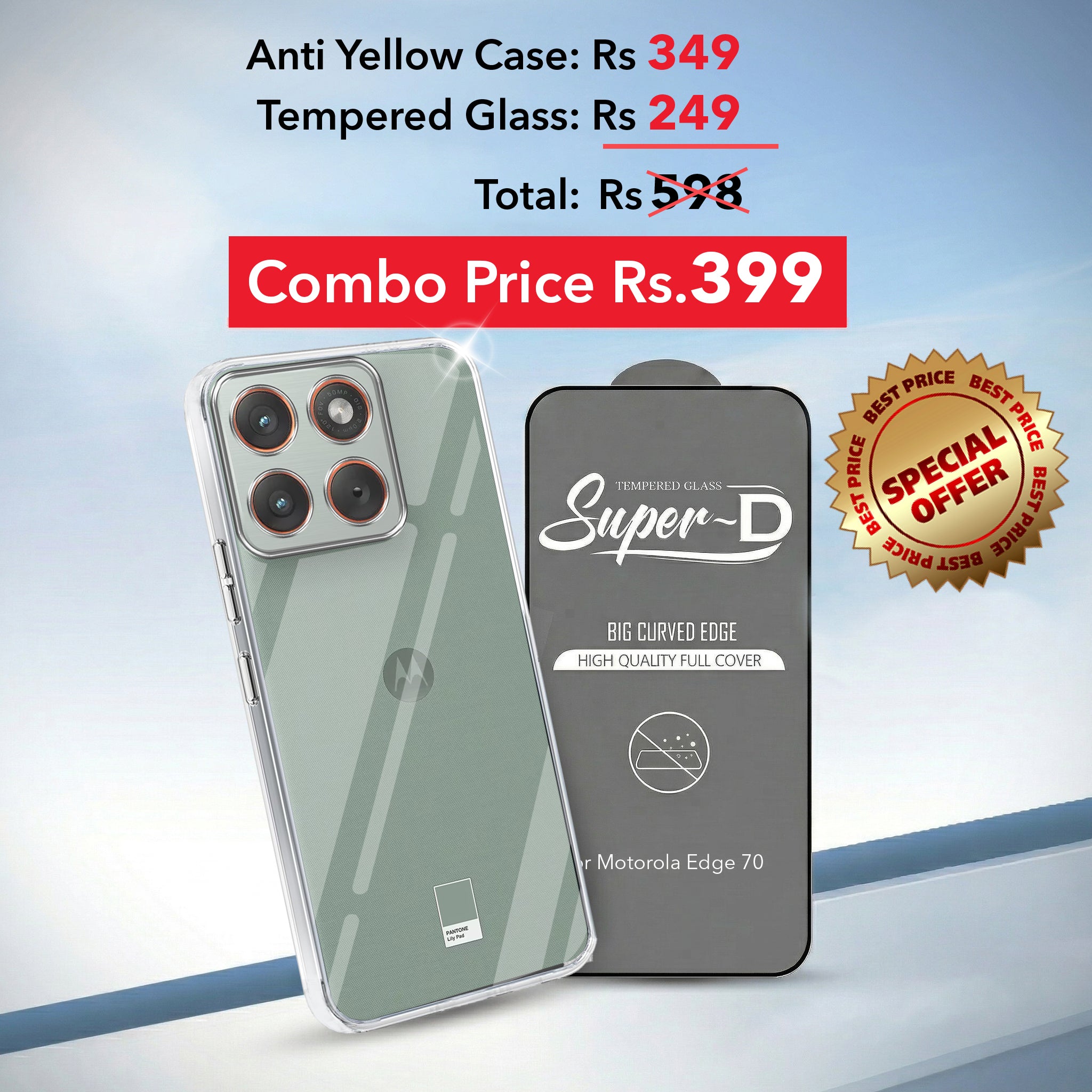 For Motorola Moto Edge 70 Combo with Back Cover and 9H Tempered Glass (Lifetime Anti-Yellow | Sleek Hard Crystal | Oleophobic Coating Screen Glass)