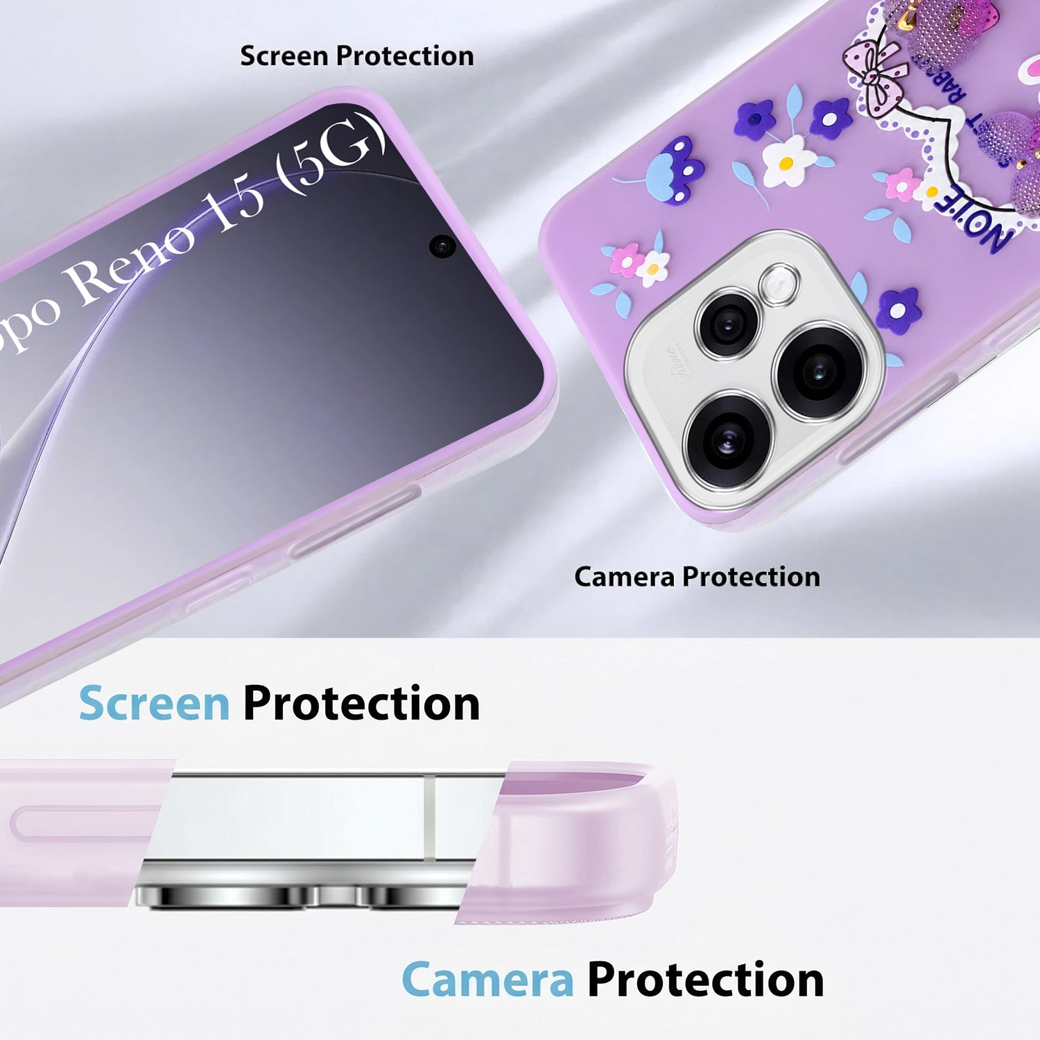 For Oppo Reno15 5G Back Cover Case (3D Cute Heart Strap Holder | Camera Protection | Designer Girls Print)