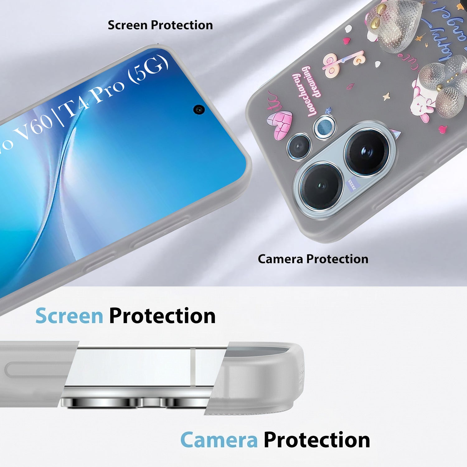 For Vivo V60 | Vivo T4 Pro Back Cover Case (3D Cute Heart Strap Holder | Camera Protection | Designer Girls Print)