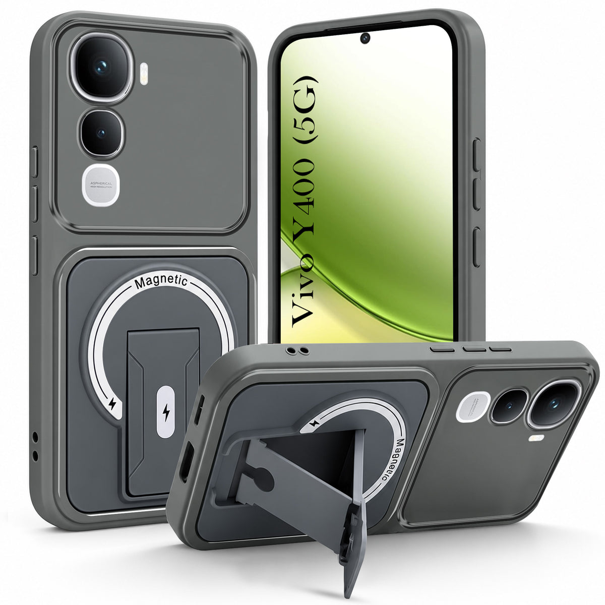 For Vivo Y400 Back Case Cover Metallic (Hybrid Armor Kickstand | MagSafe Compatible | Camera Protection Shockproof)