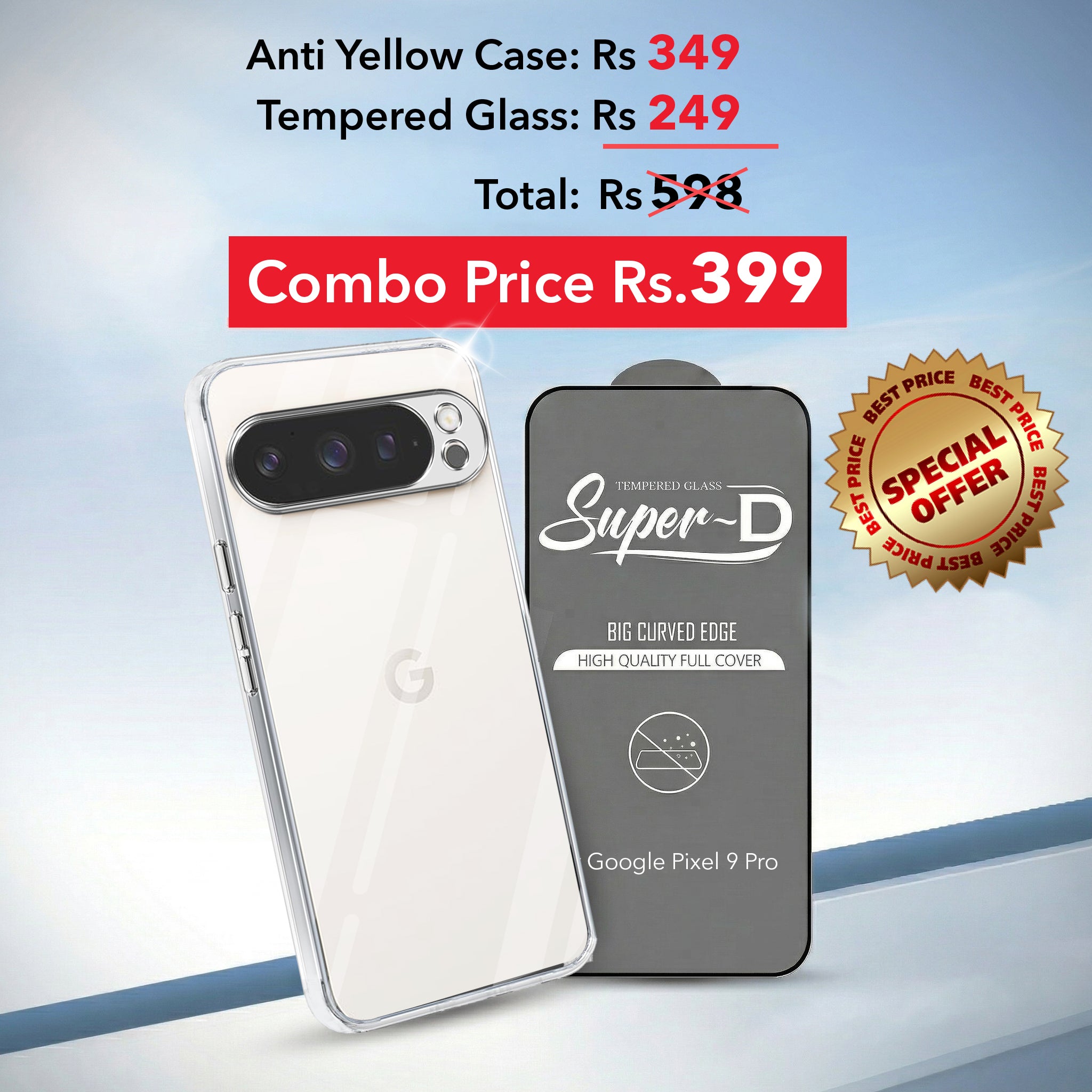 For Google Pixel 9 Pro Combo with Back Cover and 9H Tempered Glass (Lifetime Anti-Yellow | Sleek Hard Crystal | Oleophobic Coating Screen Glass)