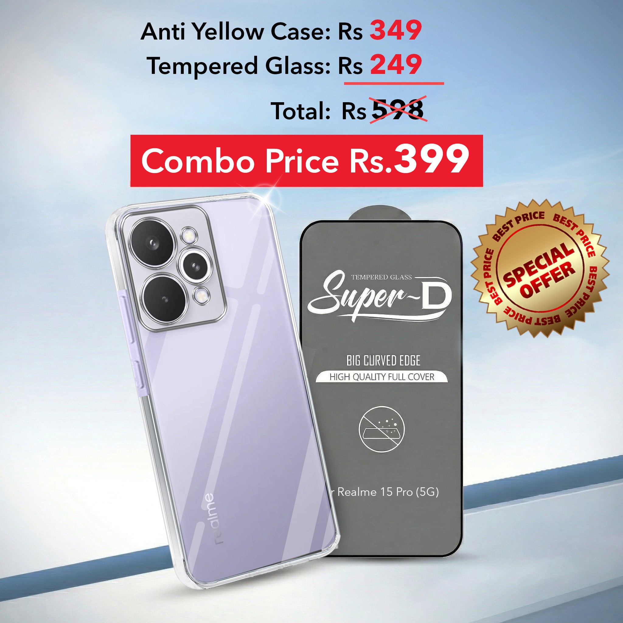 For  Realme 15 Pro Combo with Back Cover and 9H Tempered Glass (Lifetime Anti-Yellow | Sleek Hard Crystal | Oleophobic Coating Screen Glass)
