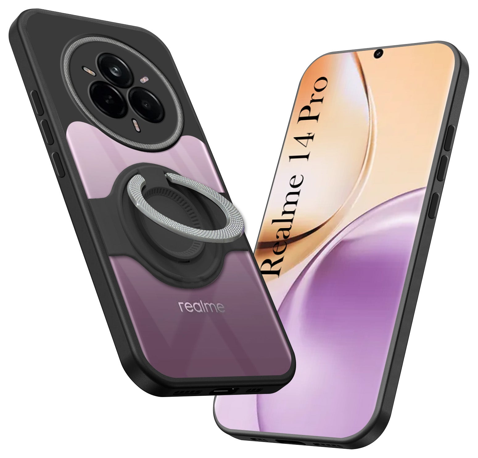 For Realme 14 Pro Back Cover Case with stand (Built-in Ring Holder Kickstand | Lifetime Anti Yellow | Camera Protection)