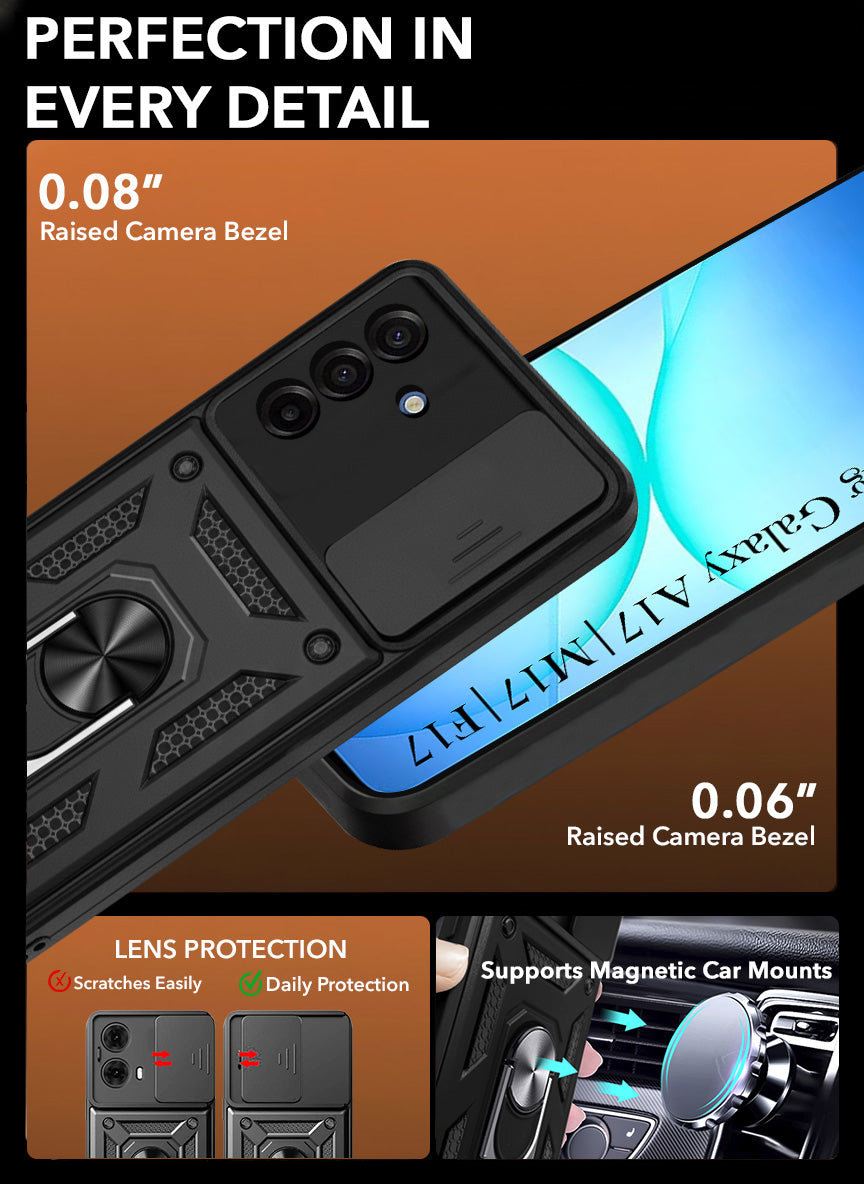 For Samsung Galaxy A17 | Samsung F17 | Samsung M17 5G Back Cover Case Hybrid Armor (Sliding Shutter Camera Protection | Polycarbonate |Ring Holder Kickstand)