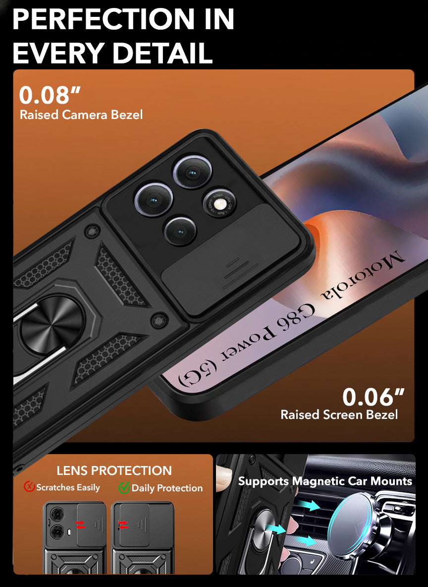 For Motorola Moto G86 Power Back Cover Case Hybrid Armor (Sliding Shutter Camera Protection | Polycarbonate |Ring Holder Kickstand)