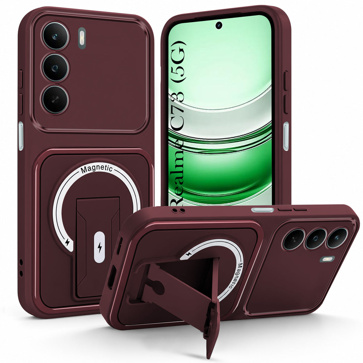 For Realme C73 Back Case Cover Metallic (Hybrid Armor Kickstand | MagSafe Compatible | Camera Protection Shockproof)