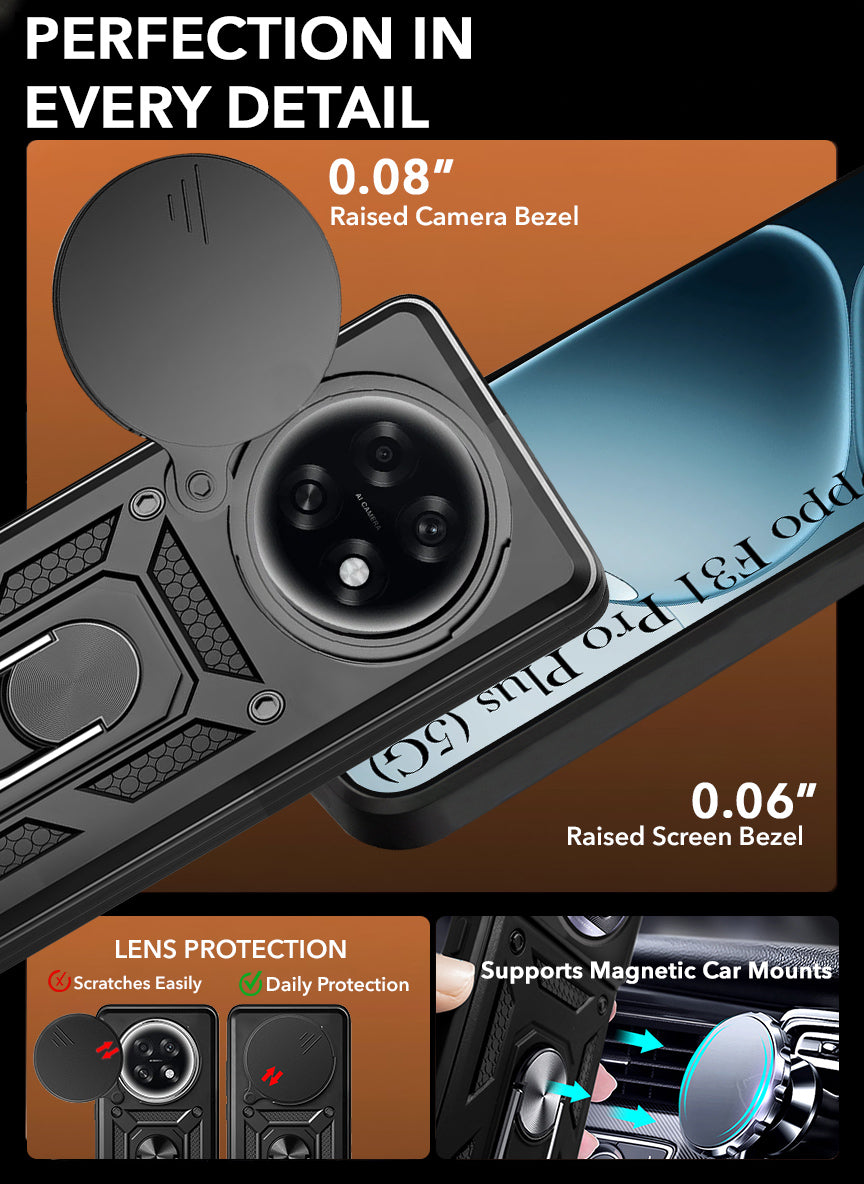 For Oppo F31 Pro Plus Hybrid Armor Back Cover Case (Sliding Shutter Camera Protection | Polycarbonate |Ring Holder Kickstand)