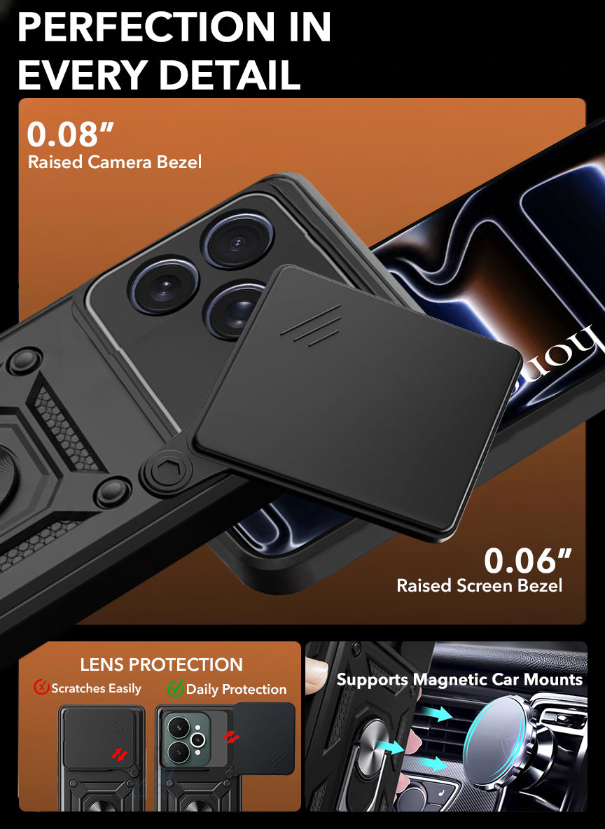 For Apple iPhone 17 Pro Back Cover Case Hybrid Armor (Sliding Shutter Camera Protection | Polycarbonate |Ring Holder Kickstand)
