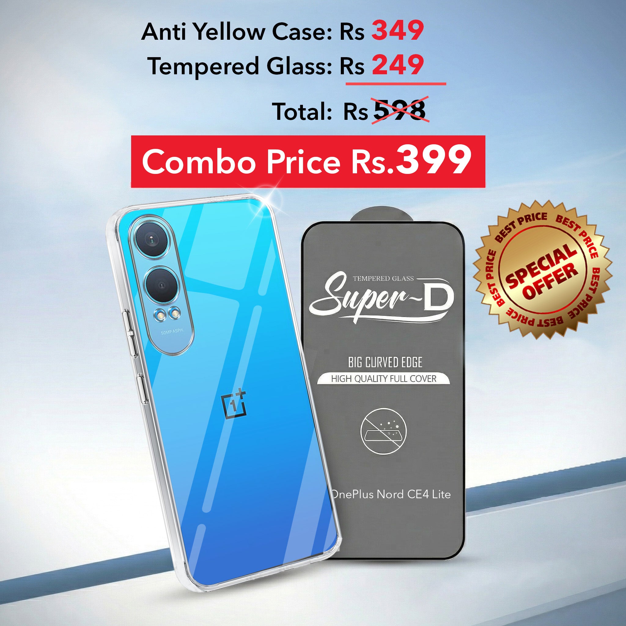 For OnePlus Nord CE 4 Lite Combo with Back Cover and 9H Tempered Glass (Lifetime Anti-Yellow | Sleek Hard Crystal | Oleophobic Coating Screen Glass)