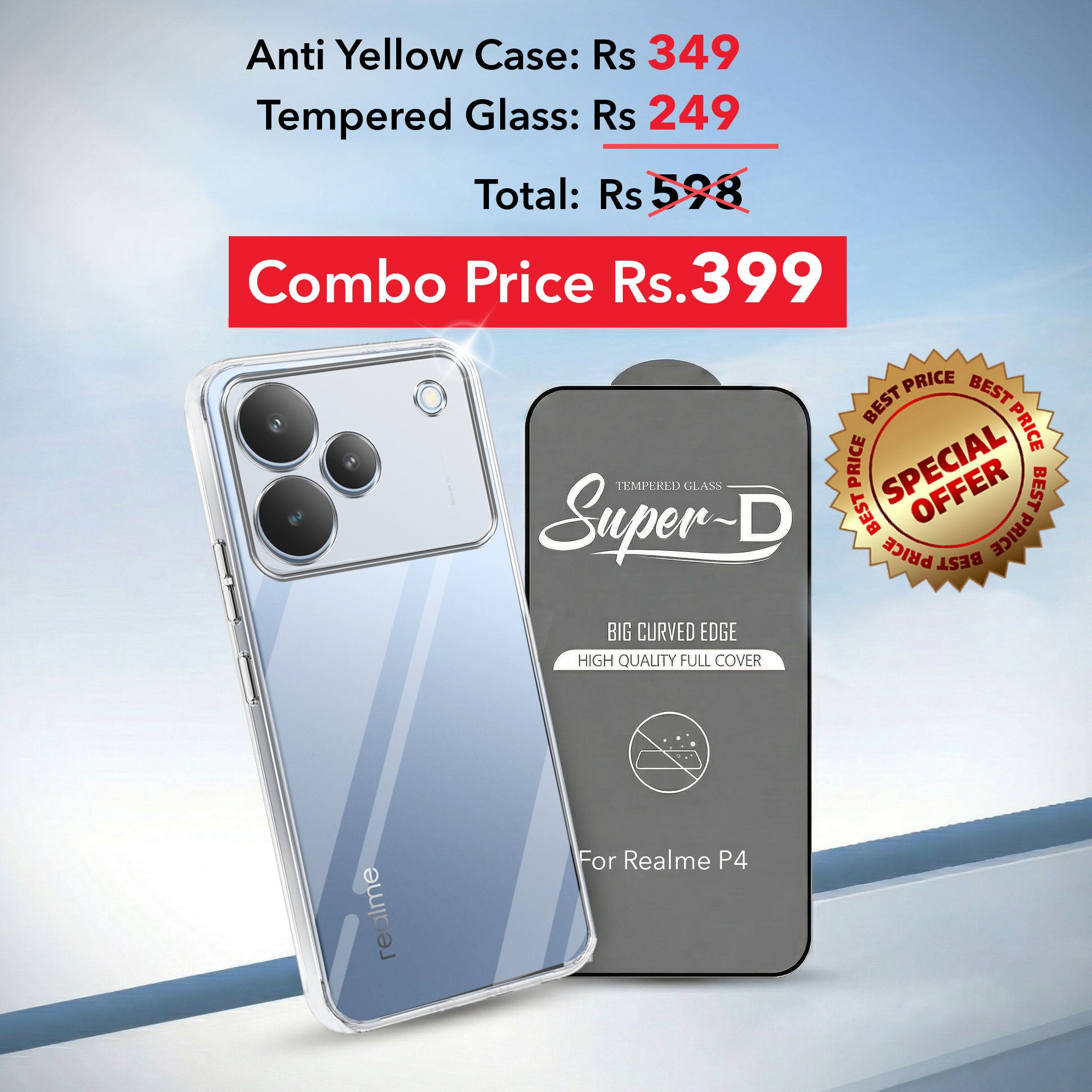 For Realme P4 Combo with Back Cover and 9H Tempered Glass (Lifetime Anti-Yellow | Sleek Hard Crystal | Oleophobic Coating Screen Glass)