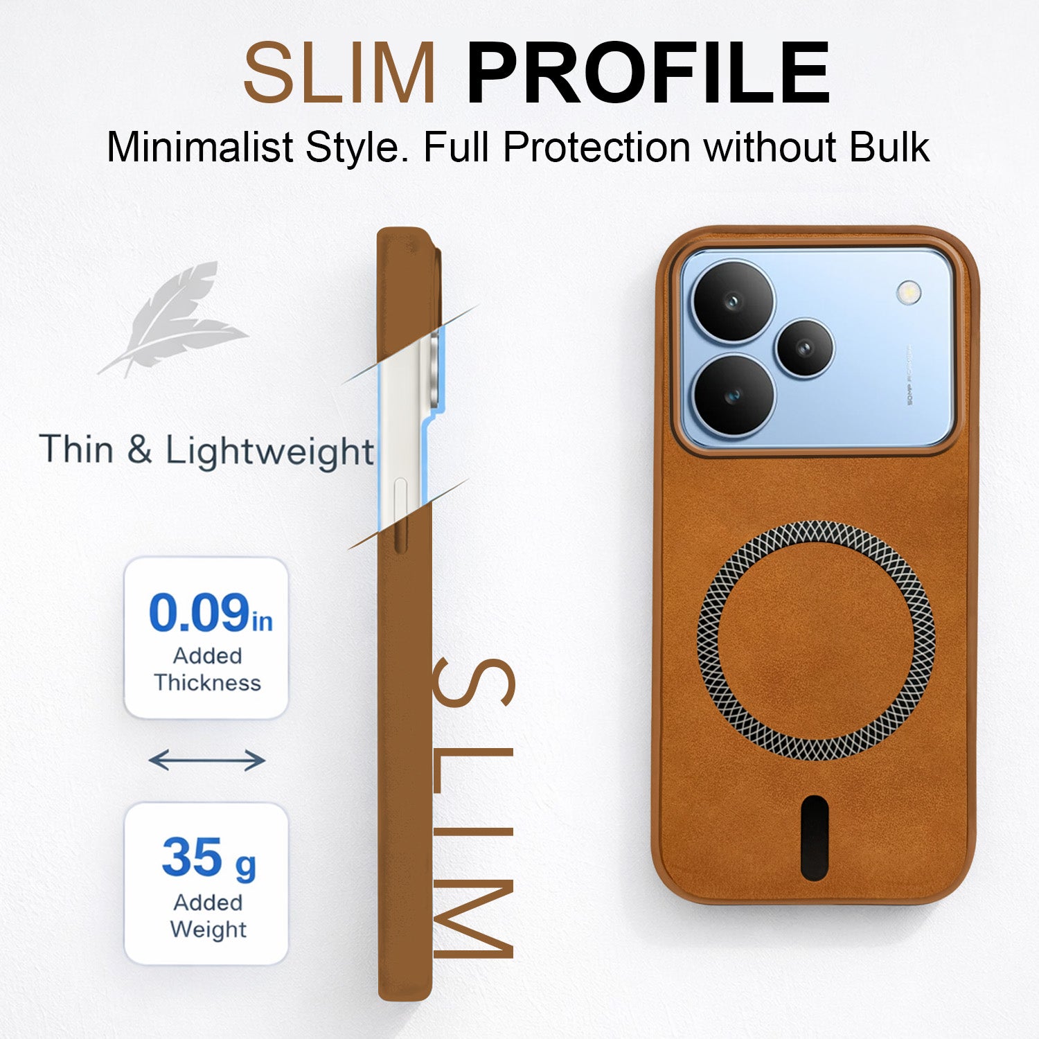 For Realme P4 Back Cover Case Leather Finish (MagSafe Compatible Wireless Charging | Soft Touch | Camera Bump Protection)