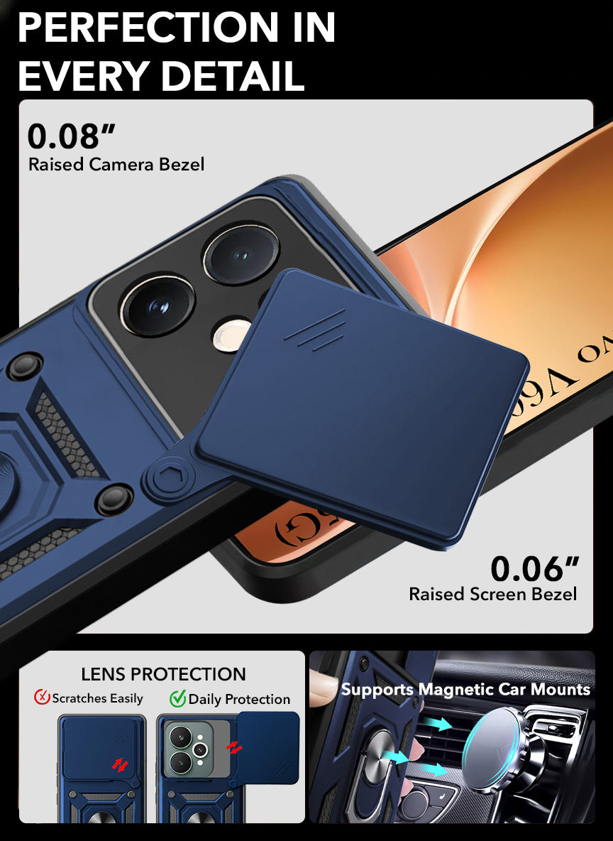 For Vivo V60 | Vivo T4 Pro Back Cover Case (Sliding Shutter Camera Protection | Polycarbonate |Ring Holder Kickstand)