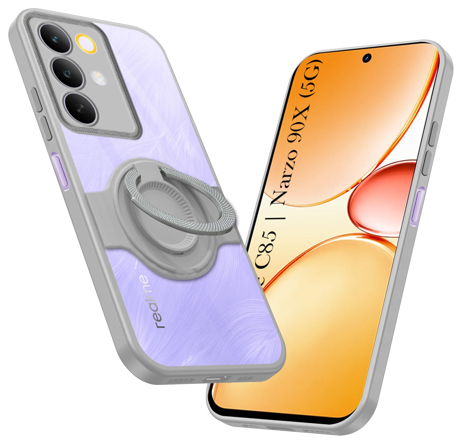 For Realme C85 5G | Realme Narzo 90x Back Cover Case with stand (Built-in Ring Holder Kickstand | Lifetime Anti Yellow | Camera Protection)
