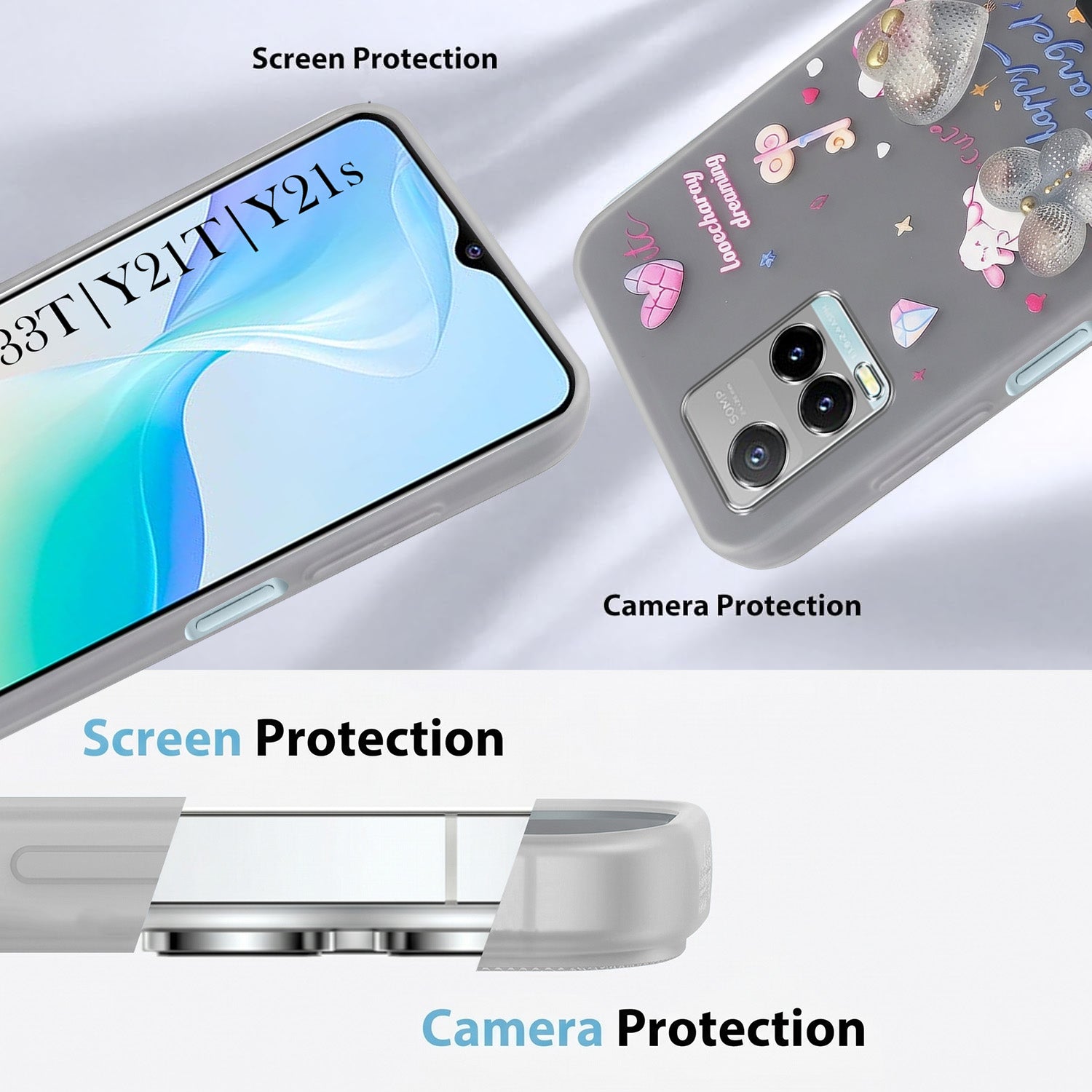 For Vivo Y33T | Vivo Y21T | Vivo Y21s Back Cover Case (3D Cute Heart Strap Holder | Camera Protection | Designer Girls Print)