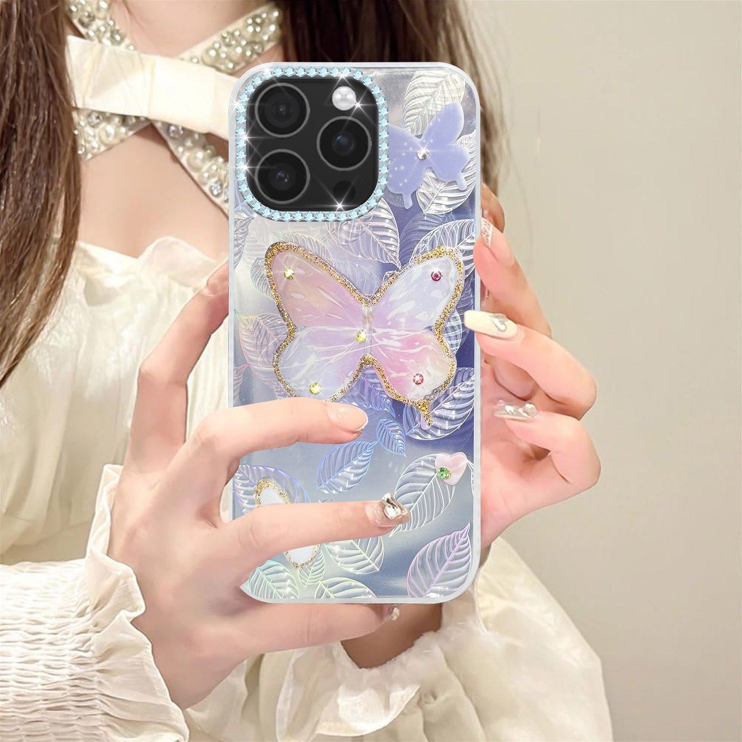 For iPhone 16 Pro Max Back Cover Case (Luxury Floral Glitter Cute Butterfly | Diamond Studded Camera Bump | Girls & Women Design)