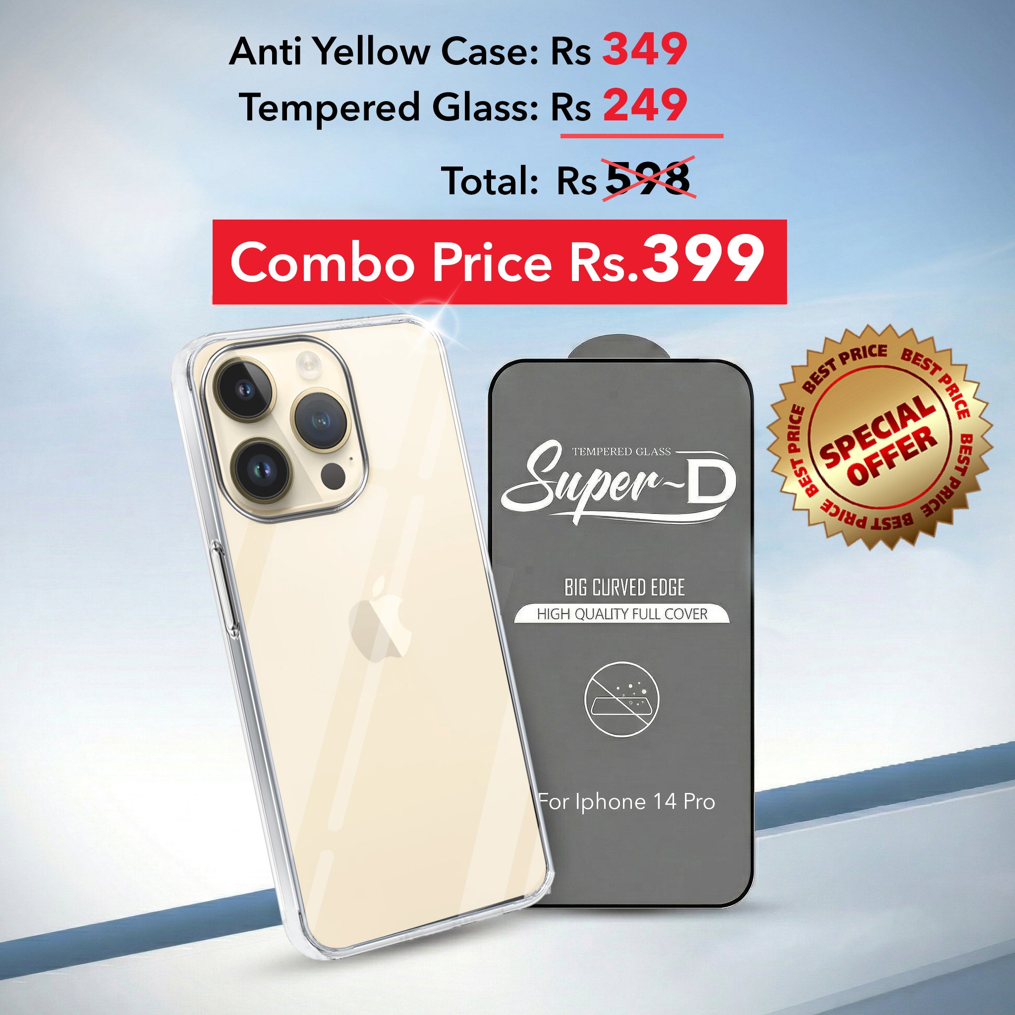 For Apple iPhone 14 Pro Combo with Back Cover and 9H Tempered Glass (Lifetime Anti-Yellow | Sleek Hard Crystal | Oleophobic Coating Screen Glass)