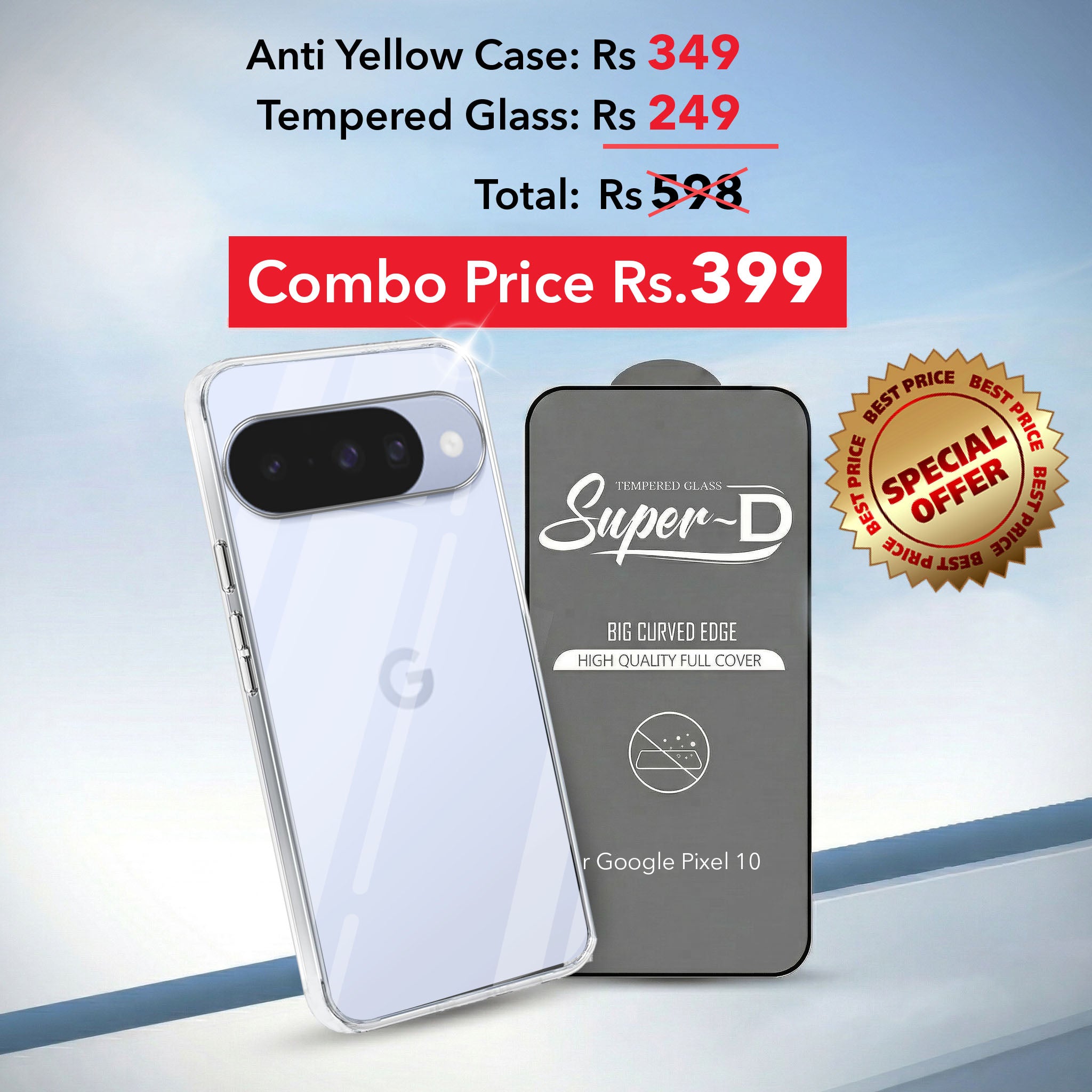 For Google Pixel 10 Combo with Back Cover and 9H Tempered Glass (Lifetime Anti-Yellow | Sleek Hard Crystal | Oleophobic Coating Screen Glass)