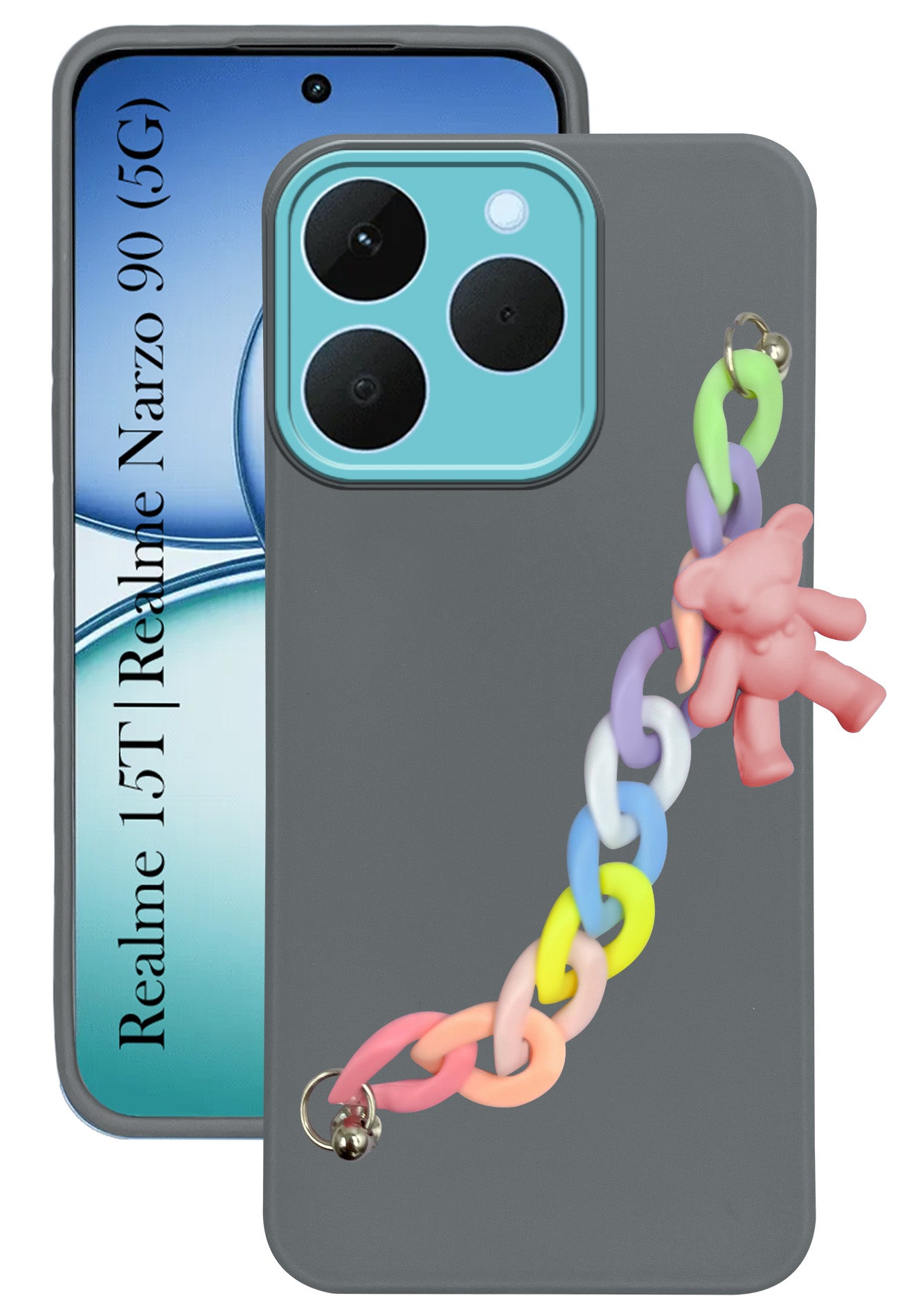 For Realme 15T | Realme Narzo 90 Back Cover Case (Wrist Hanging Chain | Teddy Bracelet Charms | Dual Color Matte Finish | Full Camera Protection | Sleek and Professional)