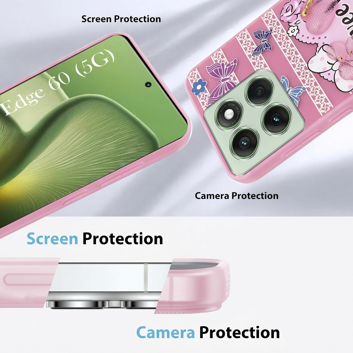 For Motorola Moto Edge 60 Back Cover Case (3D Cute Heart Strap Holder | Camera Protection | Designer Girls Print)