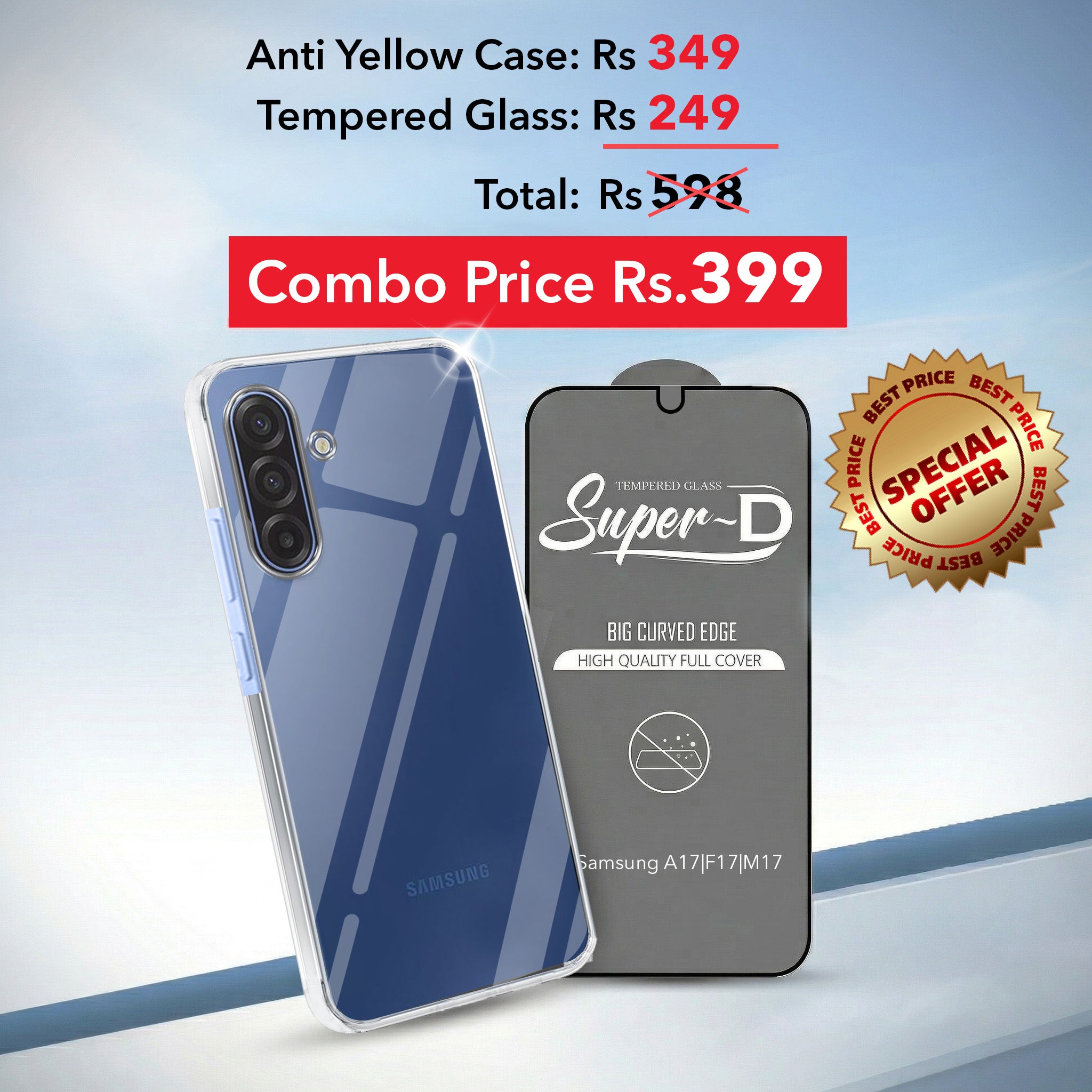For Samsung Galaxy A17 | Samsung F17 | Samsung M17 5G Combo with Back Cover and 9H Tempered Glass ( Lifetime Anti-Yellow | Sleek Hard Crystal | Oleophobic Coating Screen Glass)