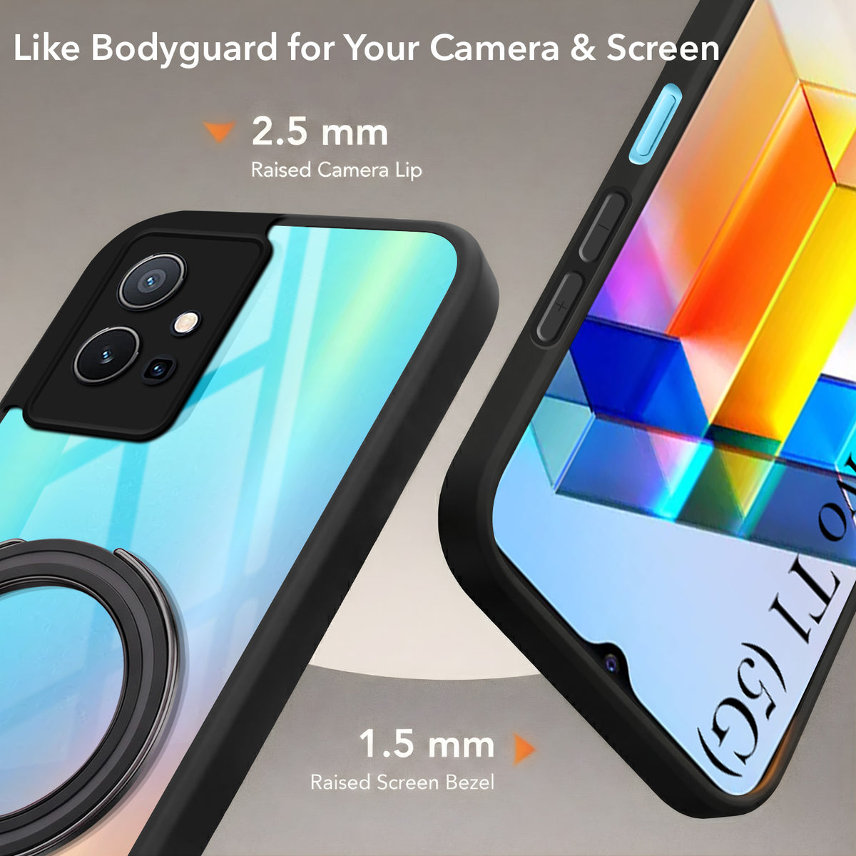 For Vivo T1 5G Back Cover Case (Kick Stand Ring Holder | Life time Anti Yellow | Camera Protection)
