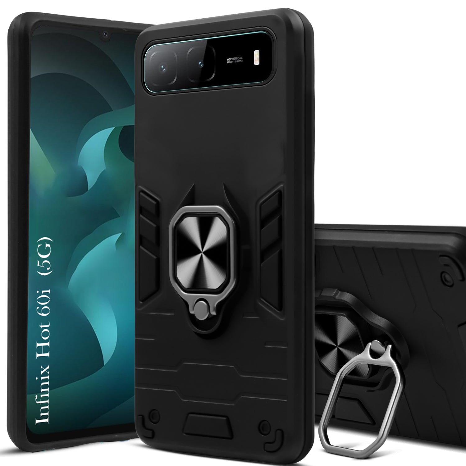 For Infinix Hot 60i 5G Back Cover Case Hybrid Armor (Shockproof Dual Layer Polycarbonate |Ring Holder Kickstand)