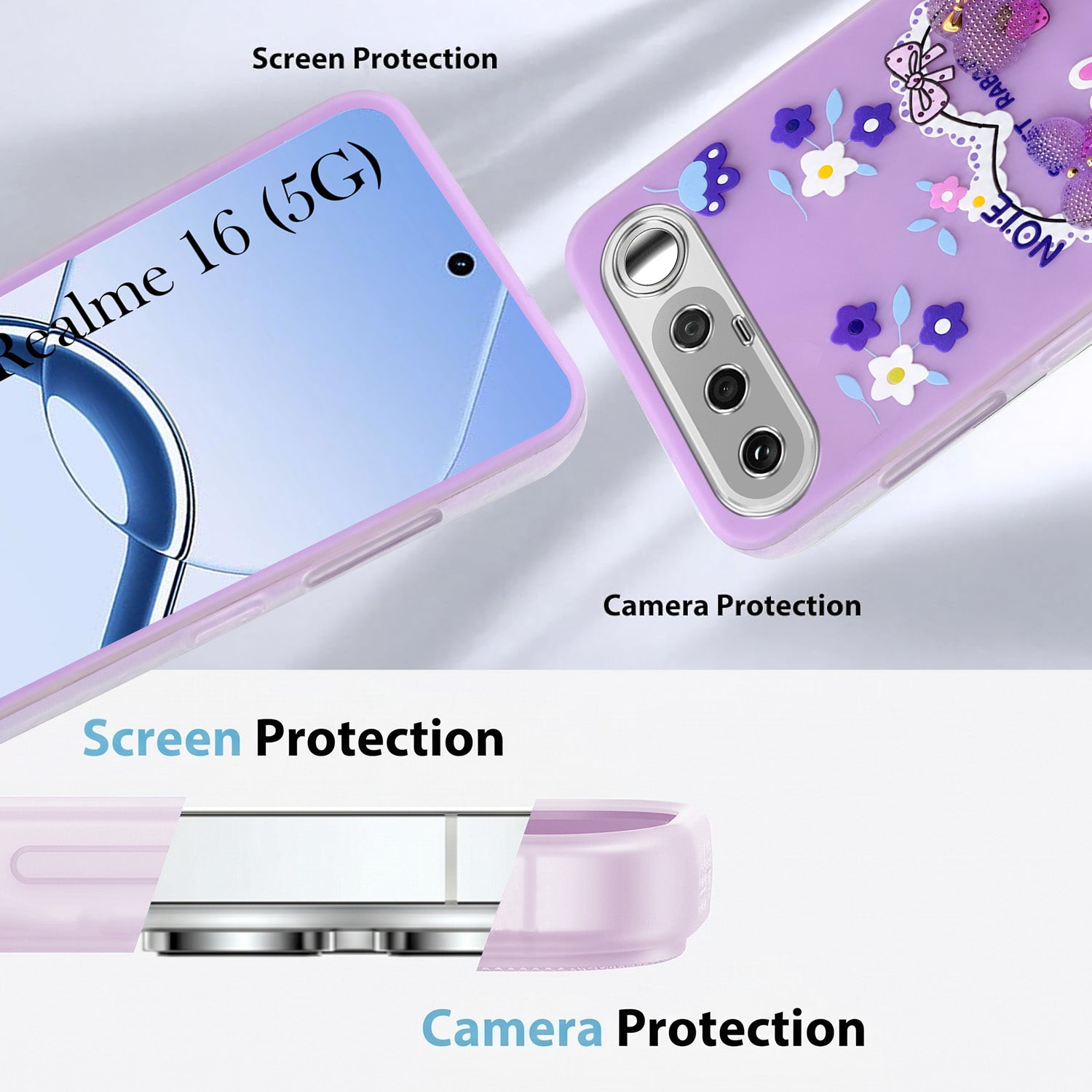 For Realme 16 Back Cover Case (3D Cute Heart Strap Holder | Camera Protection | Designer Girls Print)