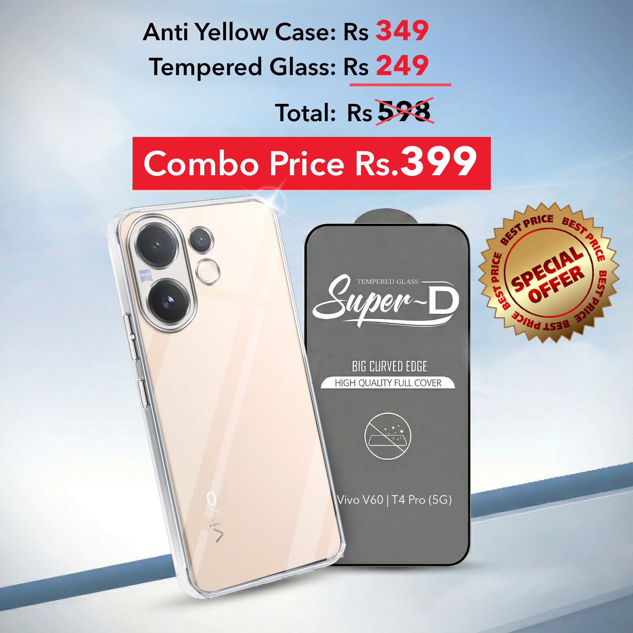 For Vivo V60 | Vivo T4 Pro Combo with Back Cover and 9H Tempered Glass (Lifetime Anti-Yellow | Sleek Hard Crystal | Oleophobic Coating Screen Glass)
