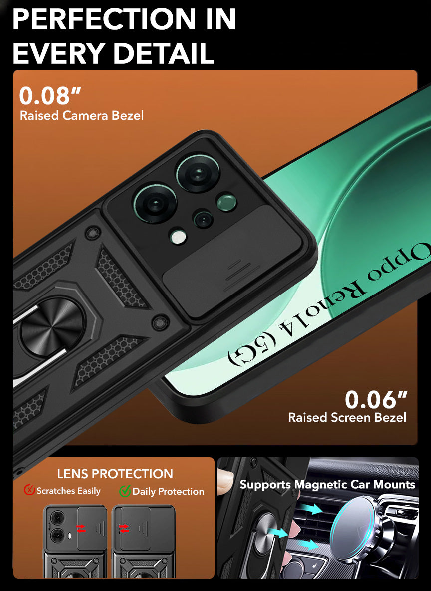 For Oppo Reno14 5G | Oppo Reno 14 5G Back Cover Case (Sliding Shutter Camera Protection | Polycarbonate |Ring Holder Kickstand)