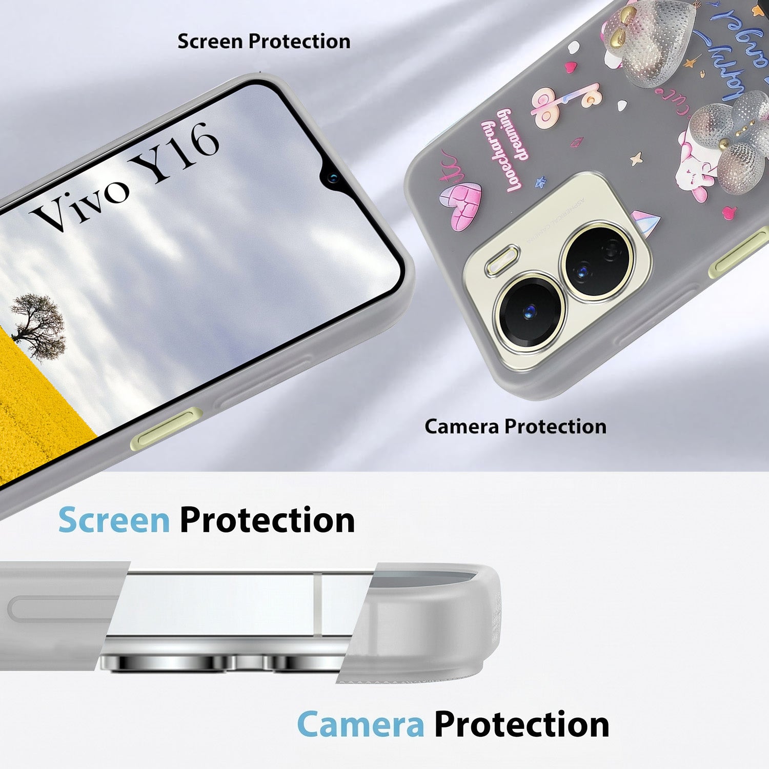 For Vivo Y16 Back Cover Case (3D Cute Heart Strap Holder | Camera Protection | Designer Girls Print)