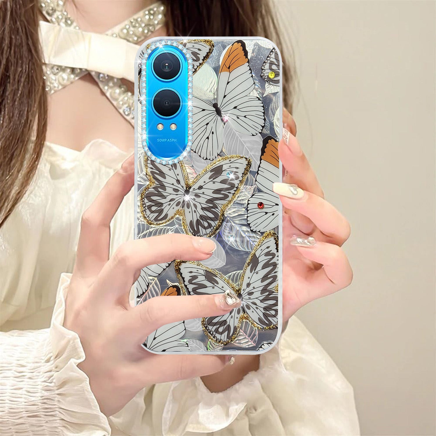 For OnePlus Nord CE 4 Lite Back Cover Case (Luxury Floral Glitter Cute Butterfly | Diamond Studded Camera Bump | Girls & Women Design)