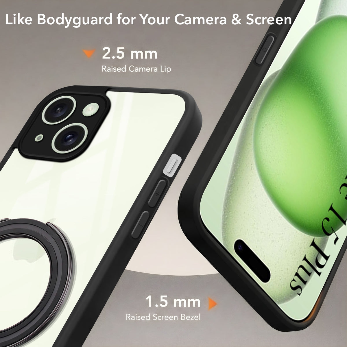 For iPhone 15 Plus Back Cover Case (Kick Stand Ring Holder | Life time Anti Yellow | Camera Protection)