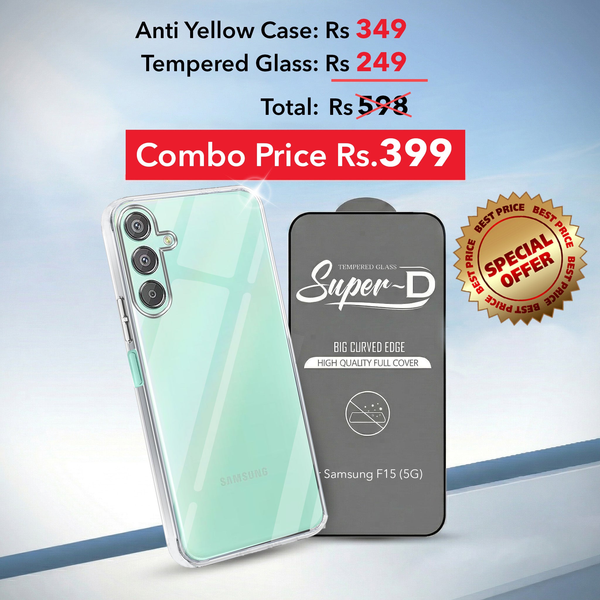 For Samsung Galaxy F15 5G Combo with Back Cover and 9H Tempered Glass (Lifetime Anti-Yellow | Sleek Hard Crystal | Oleophobic Coating Screen Glass)