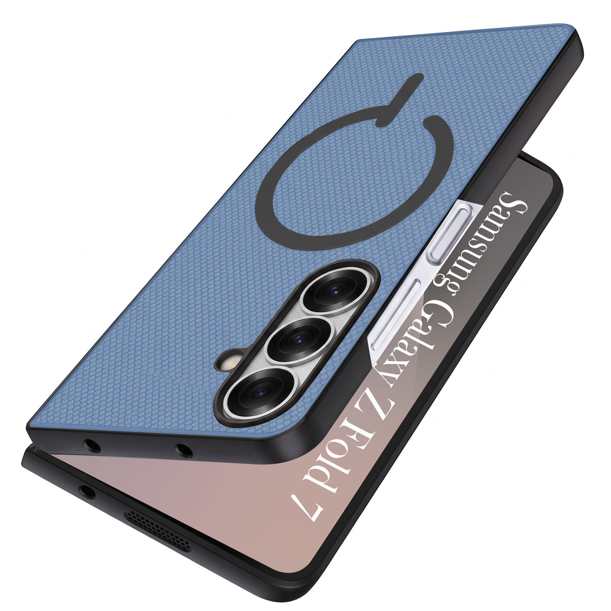 For Samsung Galaxy Z Fold 7 Premium Magnetic Back Cover Case (MagSafe Compatible | 180° Folding Design | Soft Microfiber Inner Lining | Textured Blue Finish)