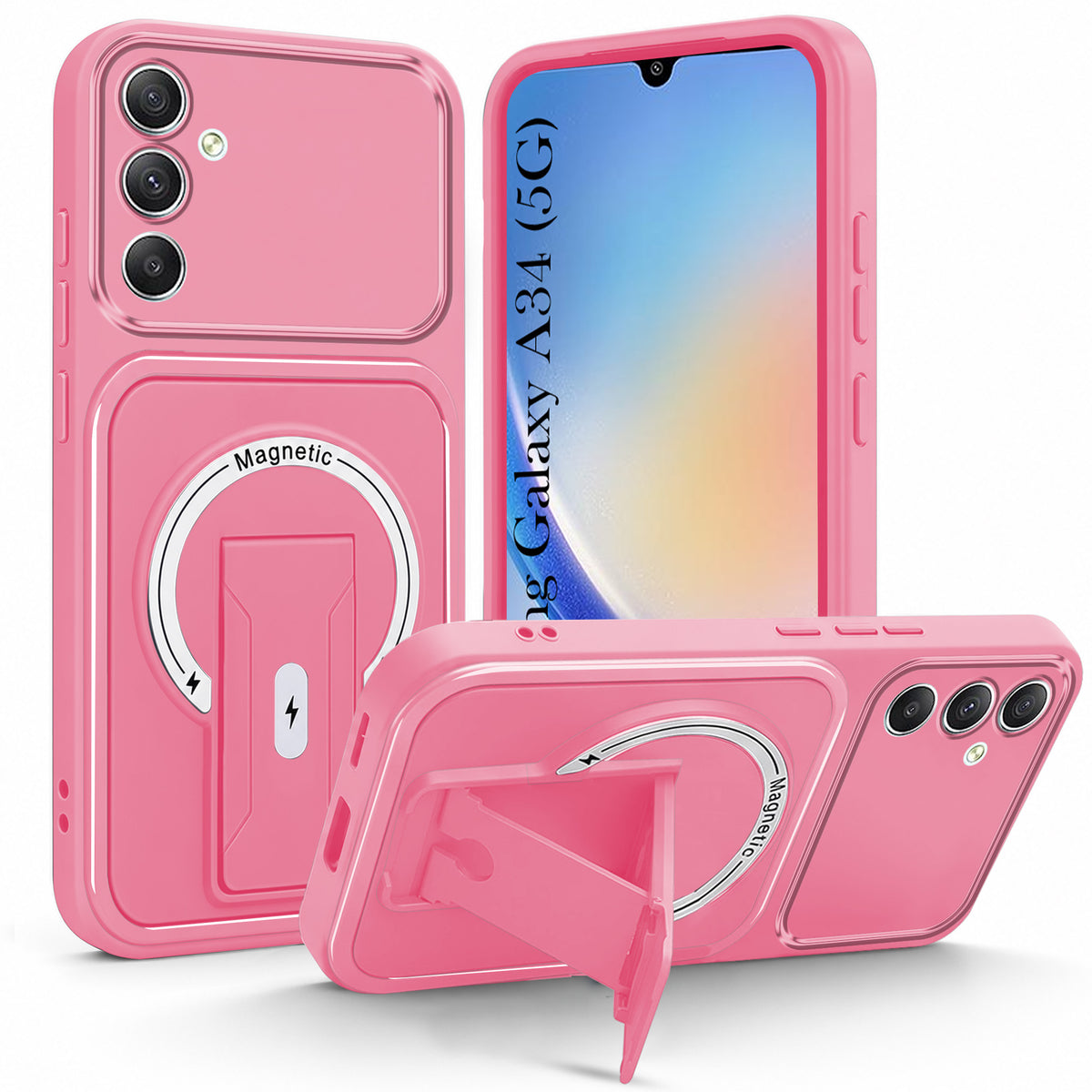 For Samsung Galaxy A34 5G Back Case Cover Metallic (Hybrid Armor Kickstand | MagSafe Compatible | Camera Protection Shockproof)